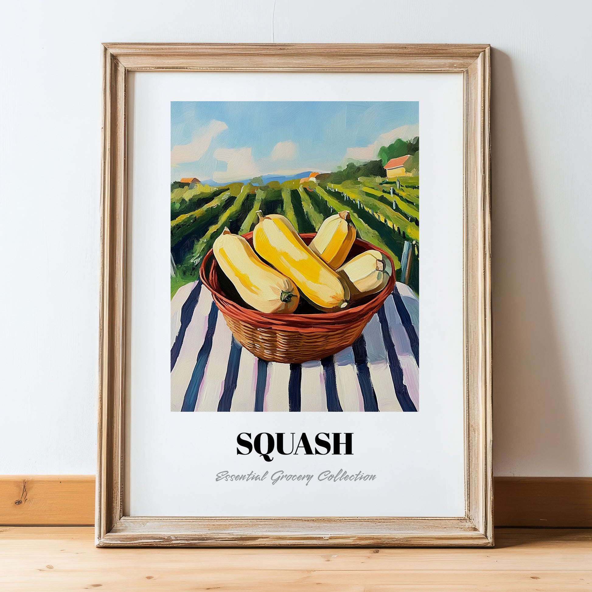 Squash – Green Valley Landscape, Vegetable Art, in wooden frame leaning on the floor