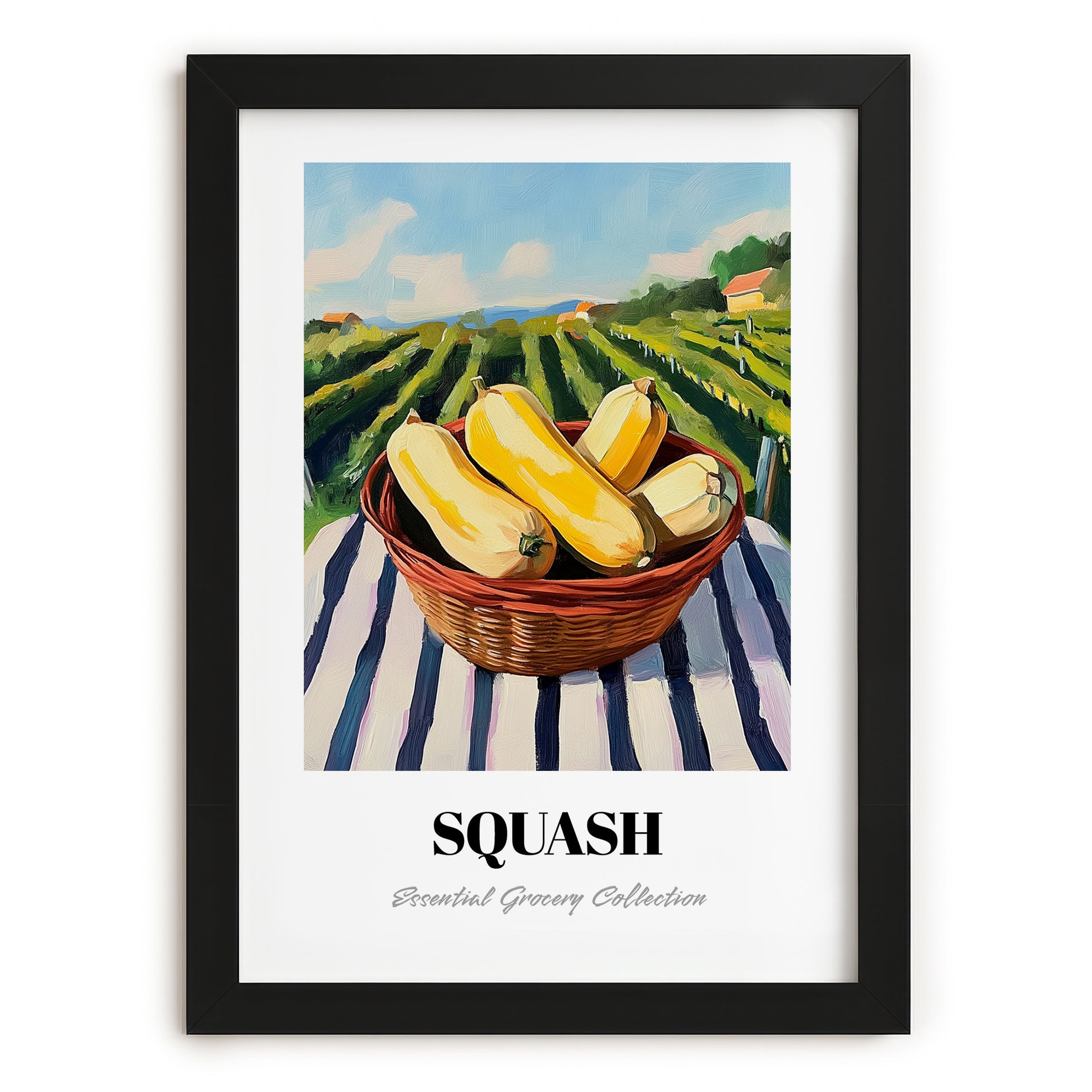 Squash – Green Valley Landscape, Vegetable Art, in sleek black frame