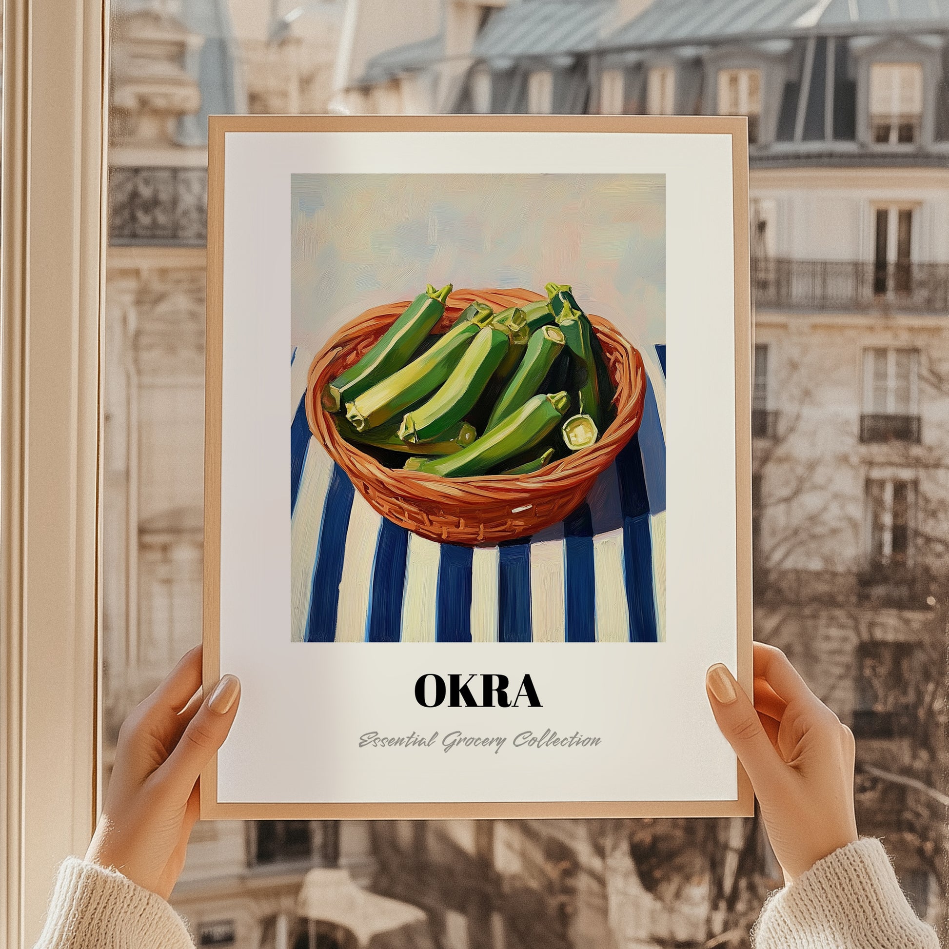 Okra – on Striped Tablecloth, Vegetable Print, styled in a charming Paris street view