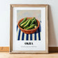Okra – on Striped Tablecloth, Vegetable Print, in wooden frame leaning on the floor