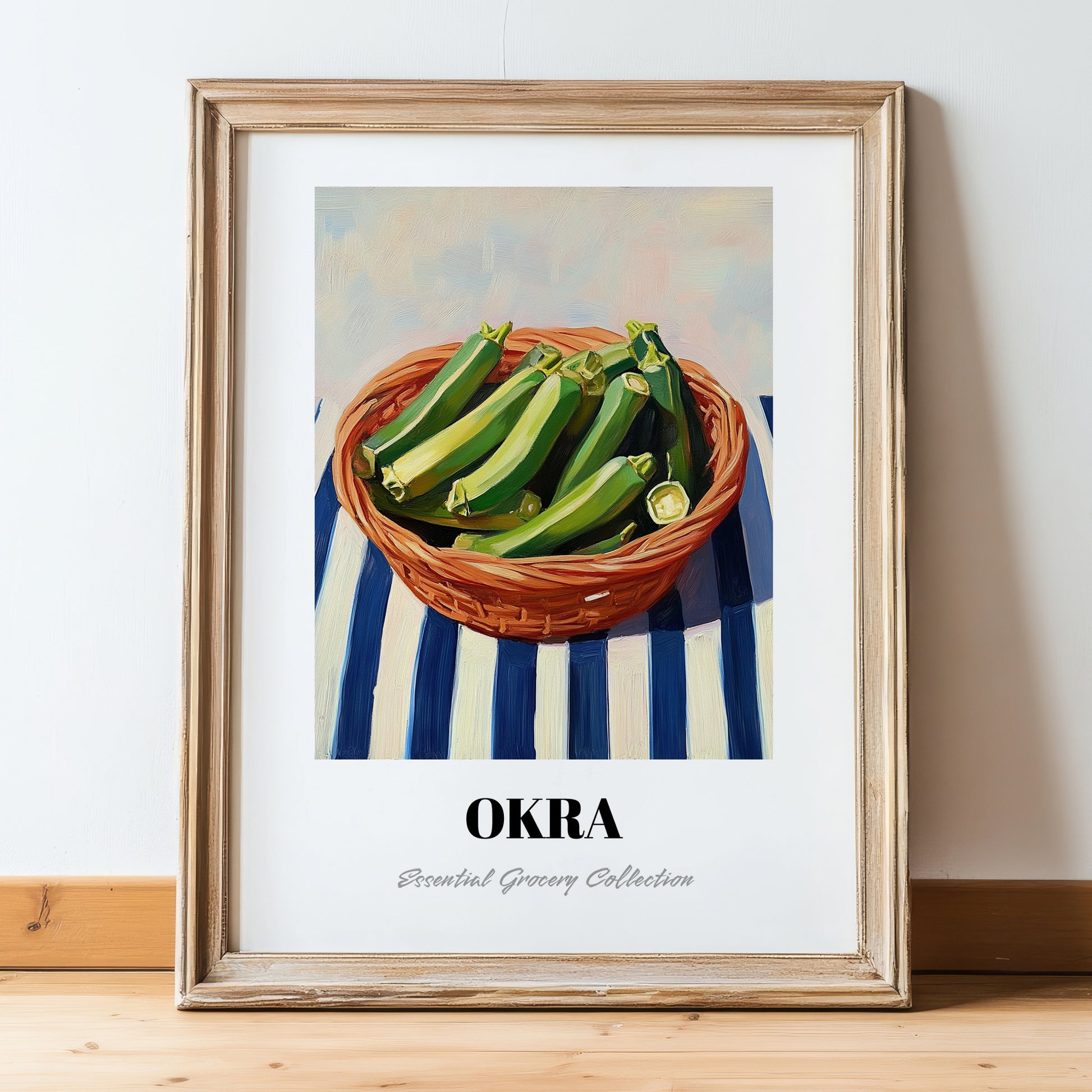Okra – on Striped Tablecloth, Vegetable Print, in wooden frame leaning on the floor
