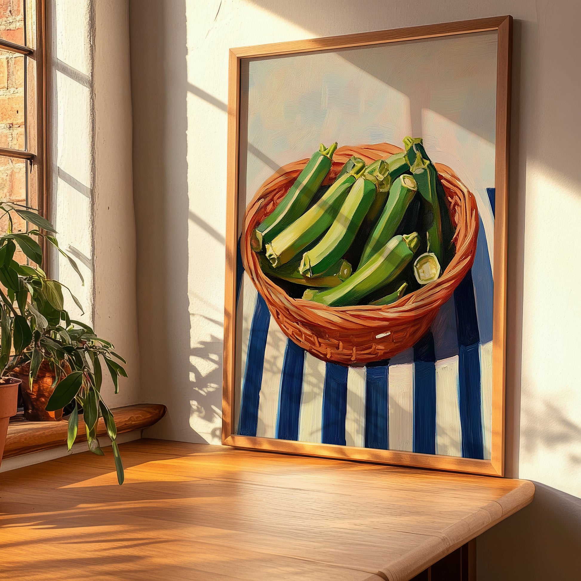 Okra – on Striped Tablecloth, Vegetable Print, clean layout with no caption