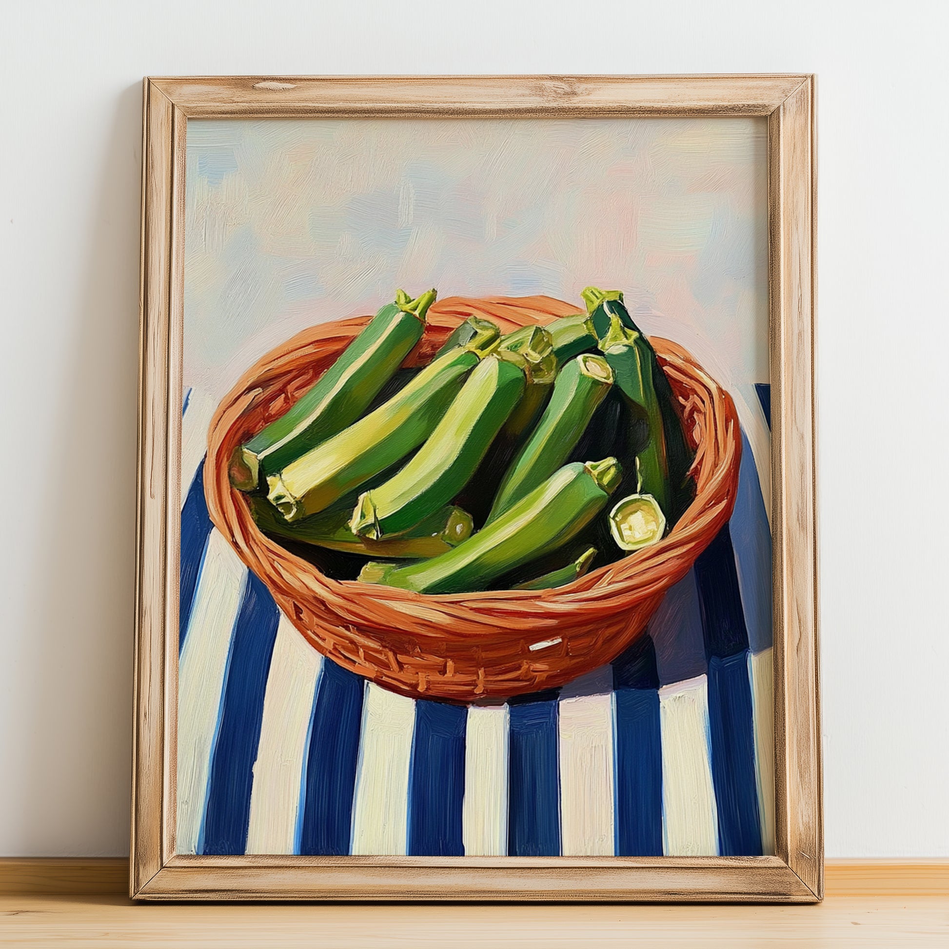 Okra – on Striped Tablecloth, Vegetable Print, no-text version framed in wood