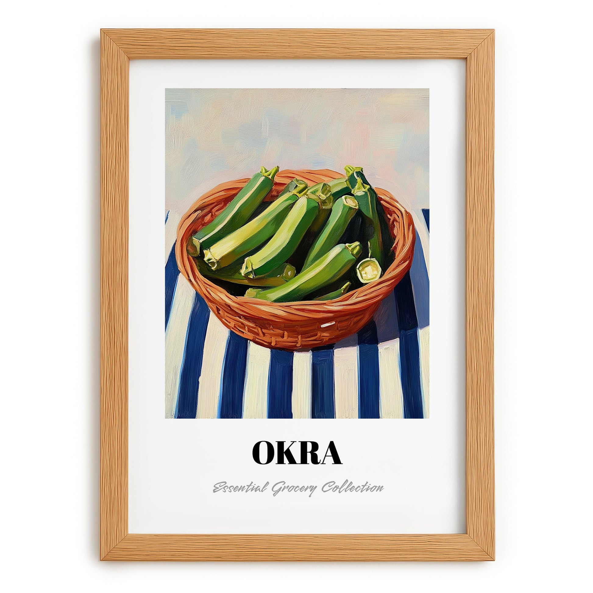 Okra – on Striped Tablecloth, Vegetable Print, set in oak frame