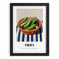 Okra – on Striped Tablecloth, Vegetable Print, in sleek black frame