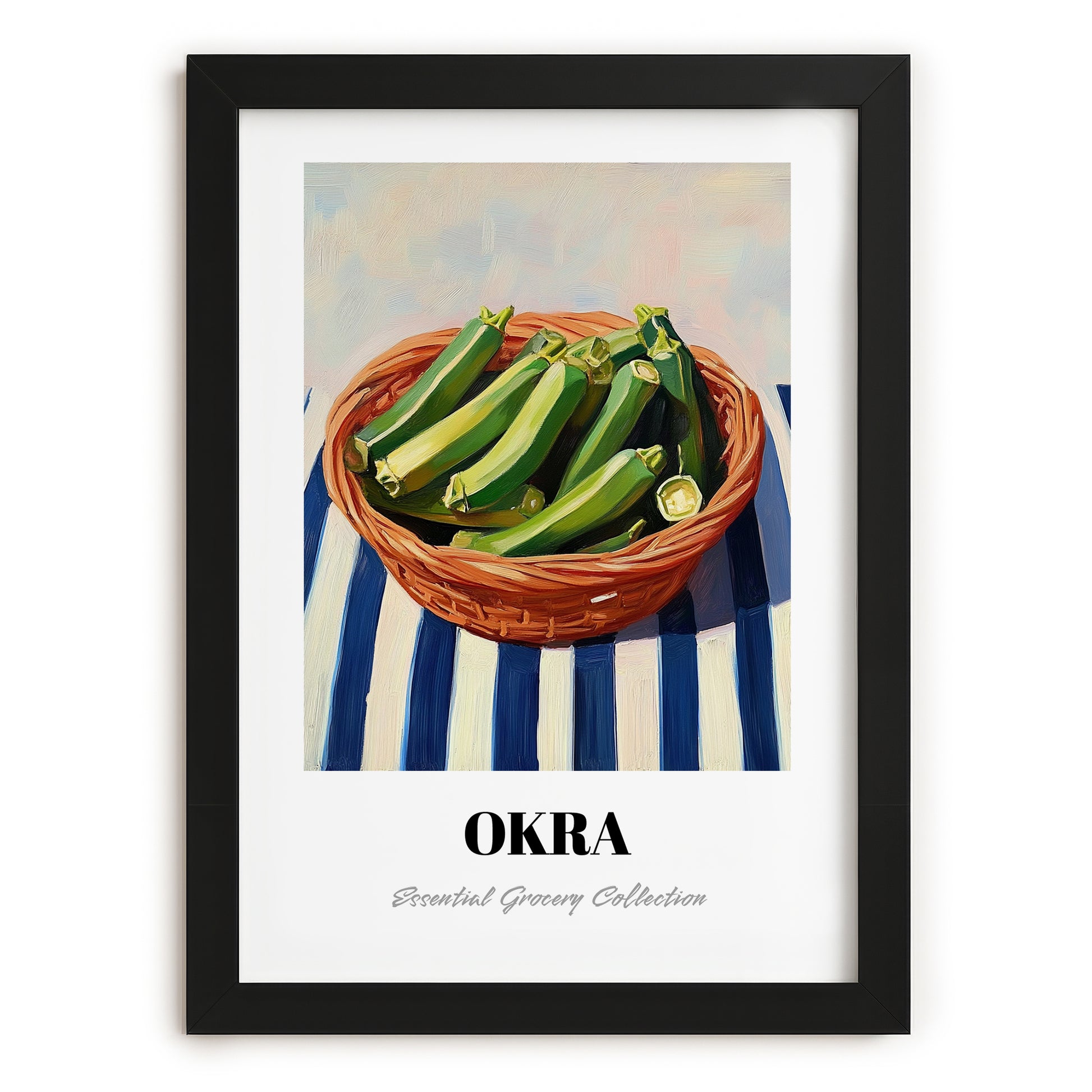 Okra – on Striped Tablecloth, Vegetable Print, in sleek black frame