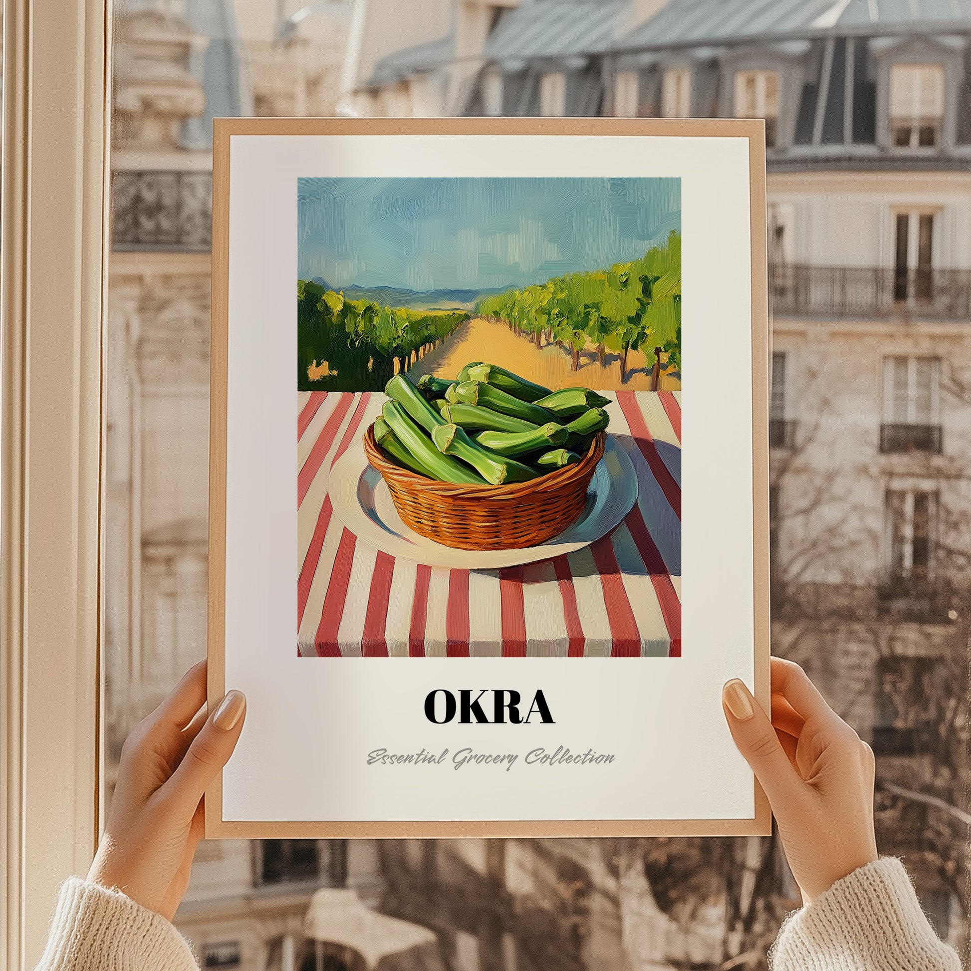 Okra – Valley Café Scene, Vegetable Wall Decor, styled in a charming Paris street view