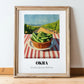 Okra – Valley Café Scene, Vegetable Wall Decor, in wooden frame leaning on the floor