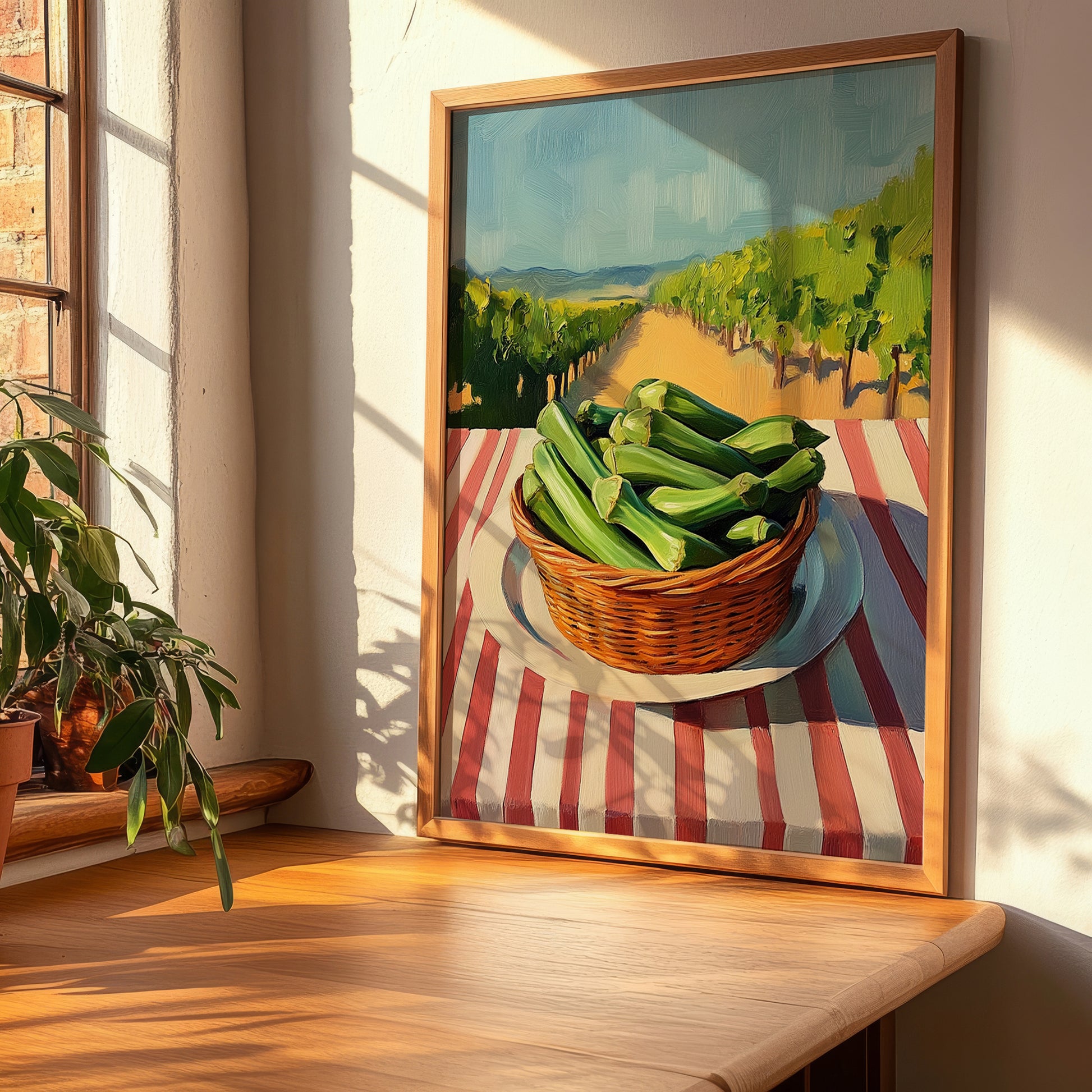 Okra – Valley Café Scene, Vegetable Wall Decor, clean layout with no caption