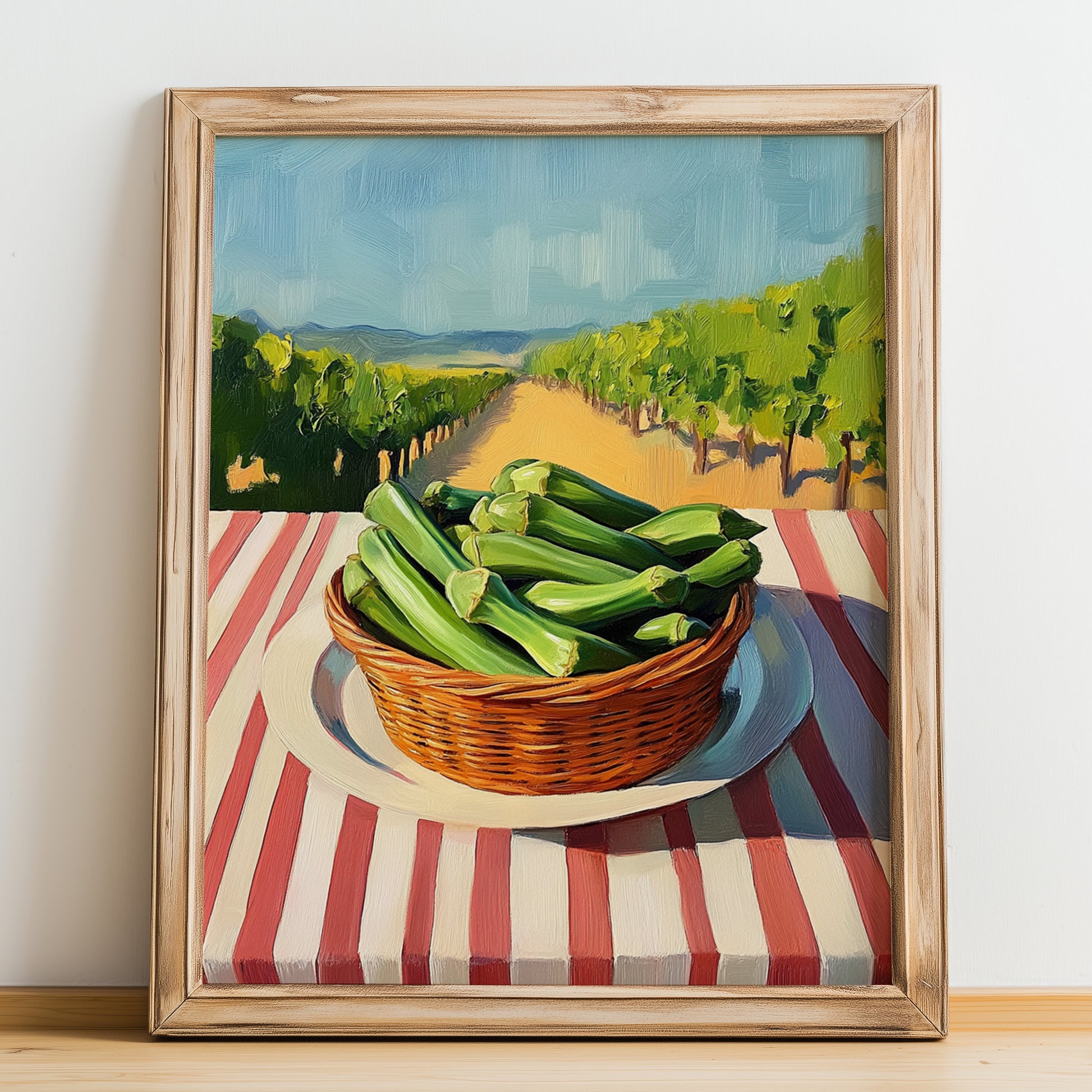 Okra – Valley Café Scene, Vegetable Wall Decor, no-text version framed in wood