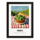 Okra – Valley Café Scene, Vegetable Wall Decor, in sleek black frame