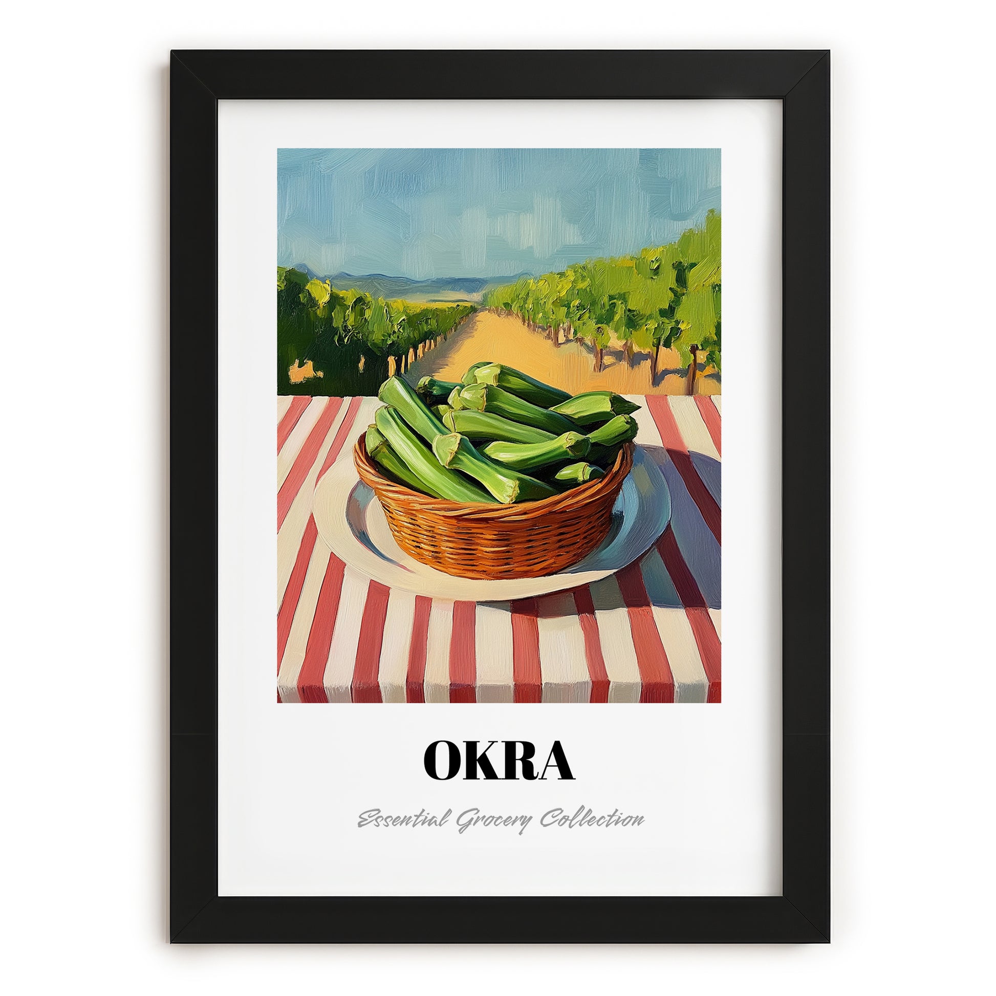 Okra – Valley Café Scene, Vegetable Wall Decor, in sleek black frame