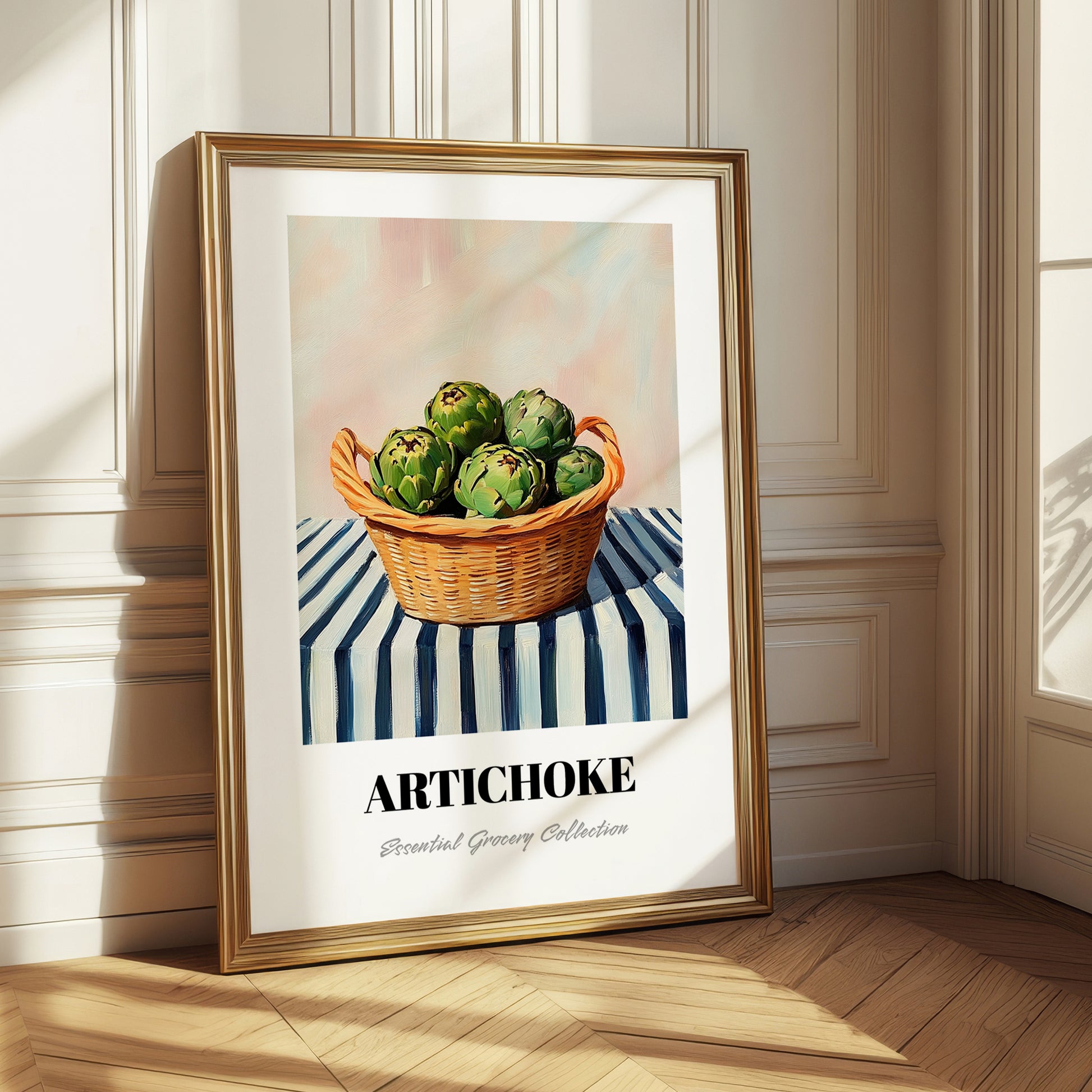 Artichoke – on Striped Tablecloth, Vegetable Still Life