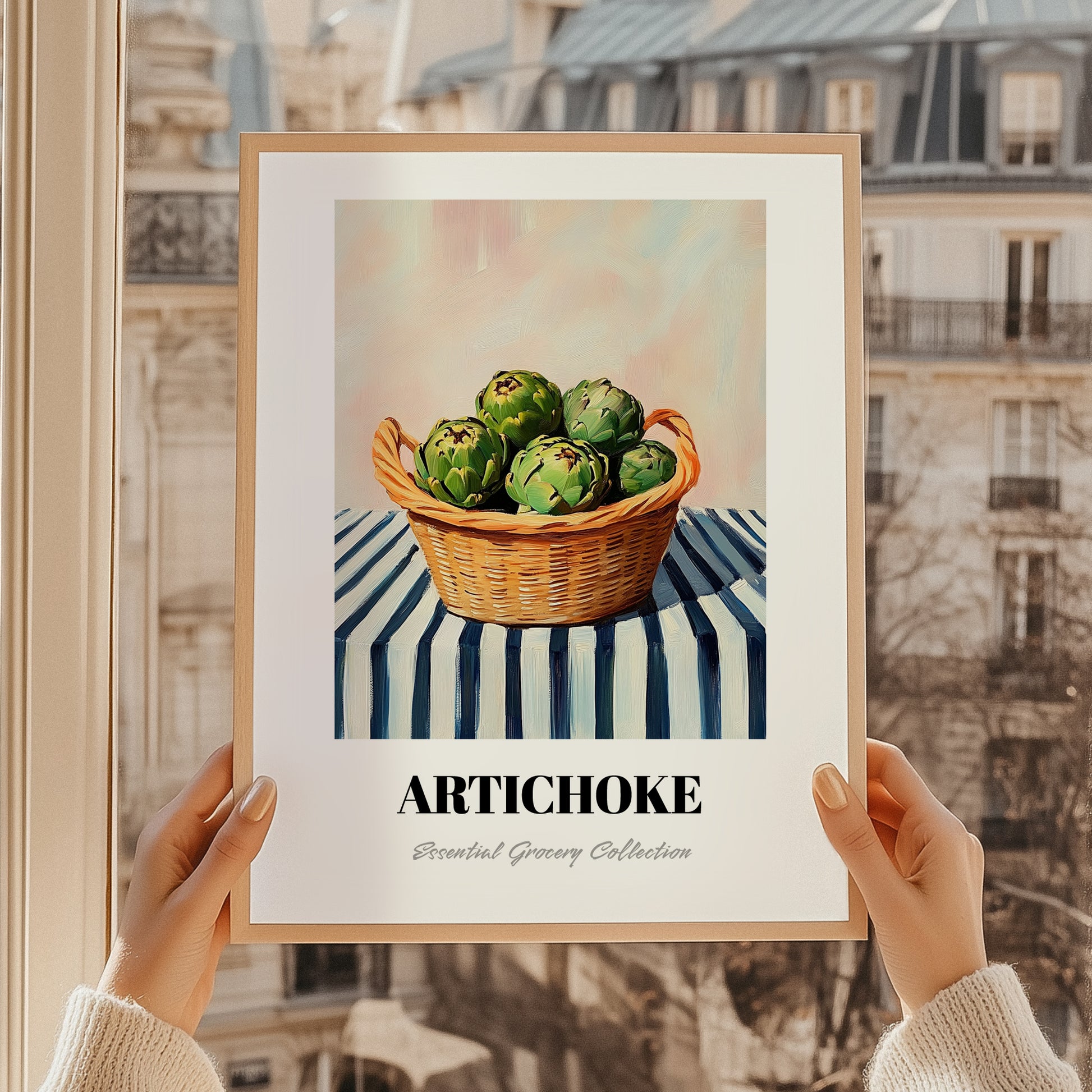 Artichoke – on Striped Tablecloth, Vegetable Still Life, styled in a charming Paris street view