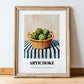 Artichoke – on Striped Tablecloth, Vegetable Still Life, in wooden frame leaning on the floor