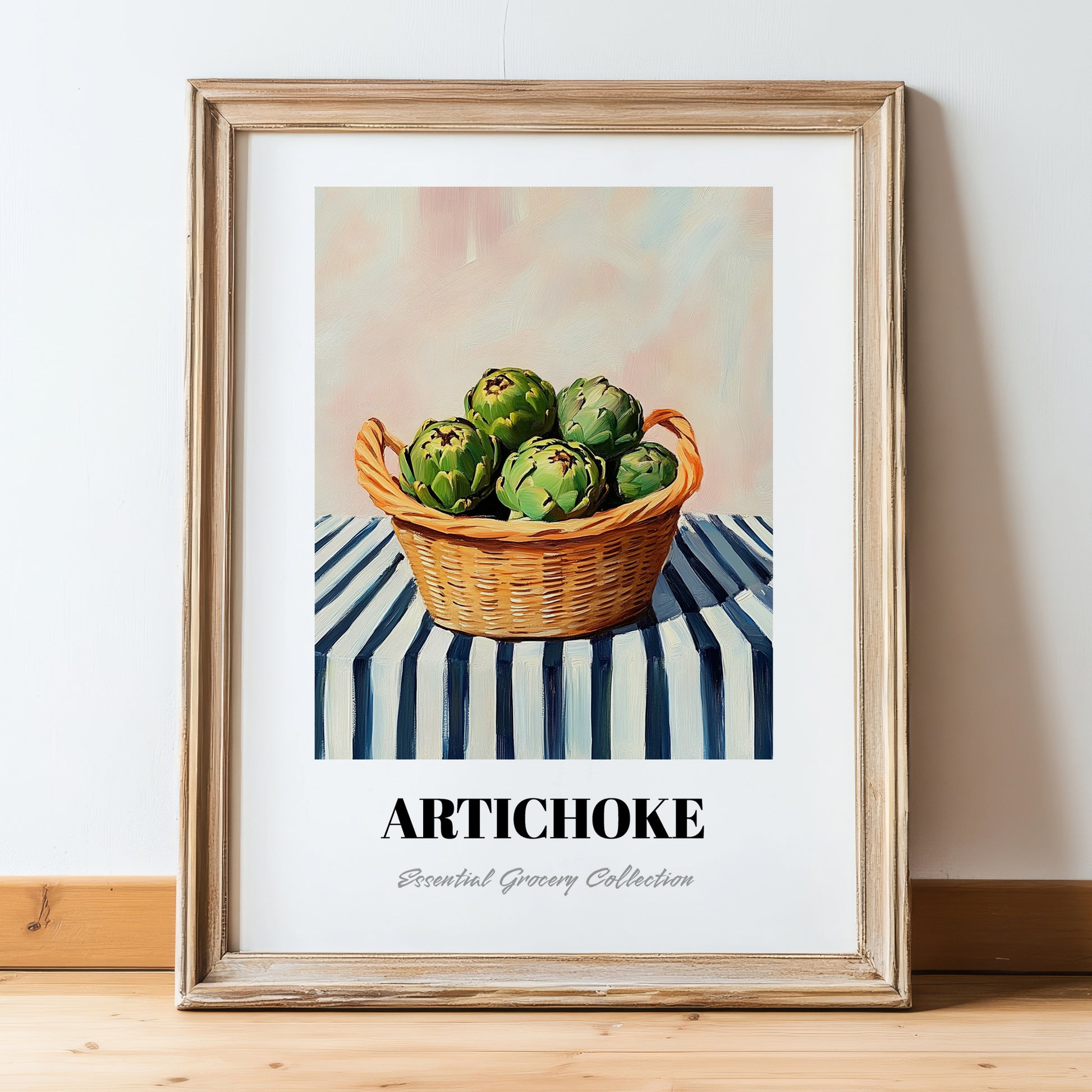Artichoke – on Striped Tablecloth, Vegetable Still Life, in wooden frame leaning on the floor