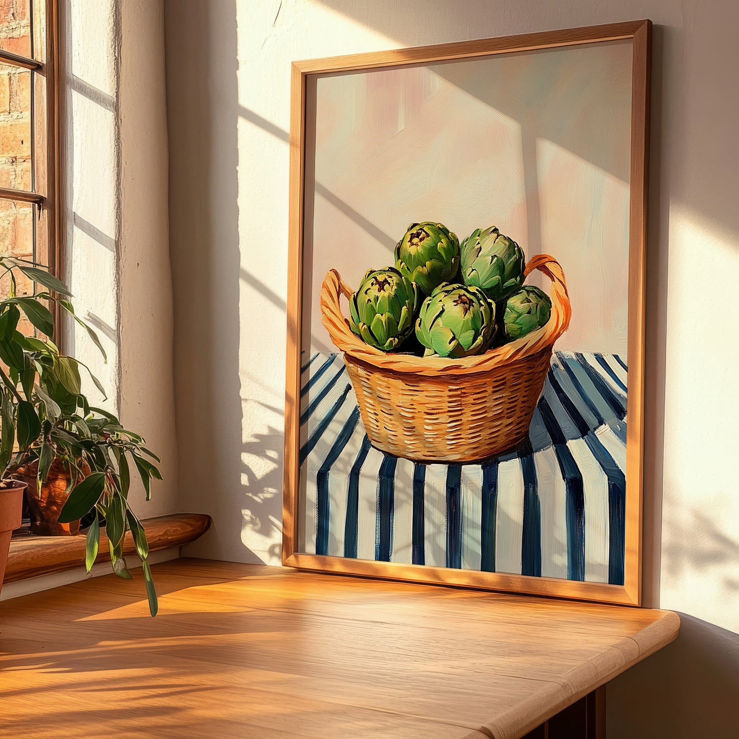 Artichoke – on Striped Tablecloth, Vegetable Still Life, clean layout with no caption