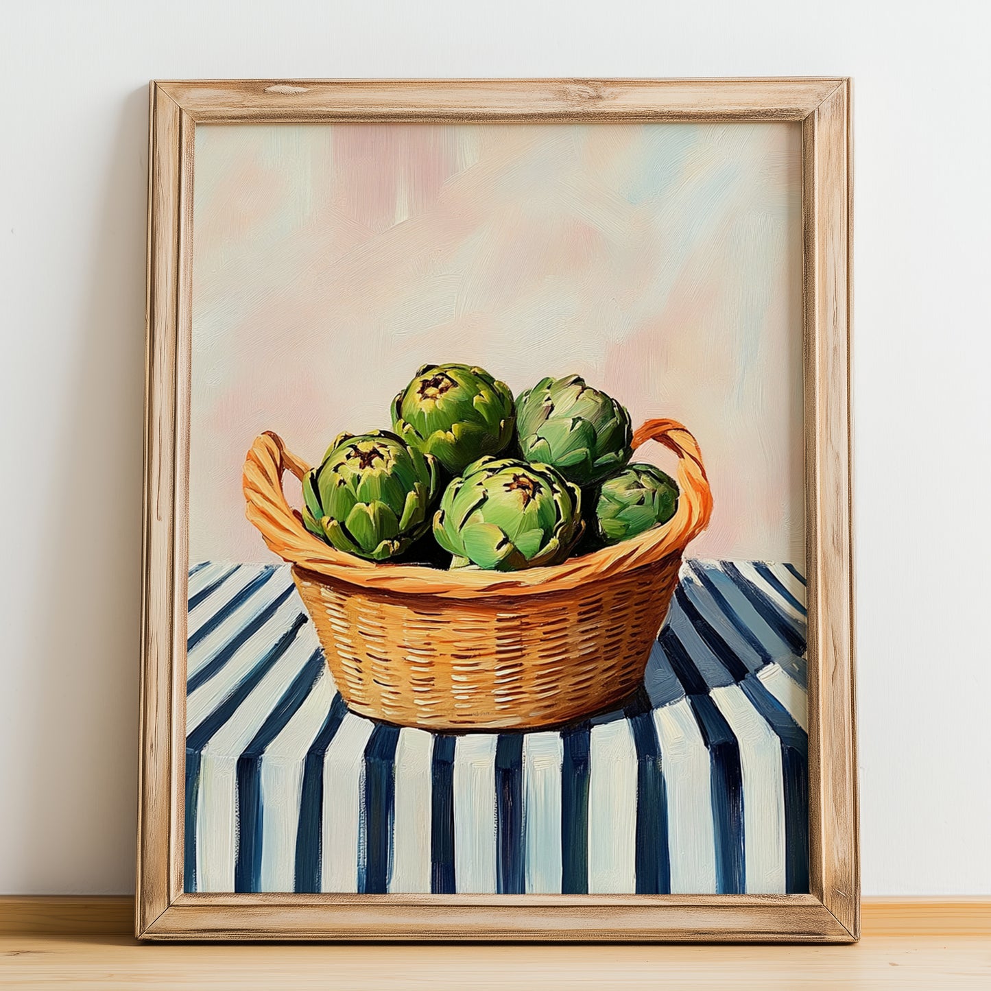 Artichoke – on Striped Tablecloth, Vegetable Still Life, no-text version framed in wood