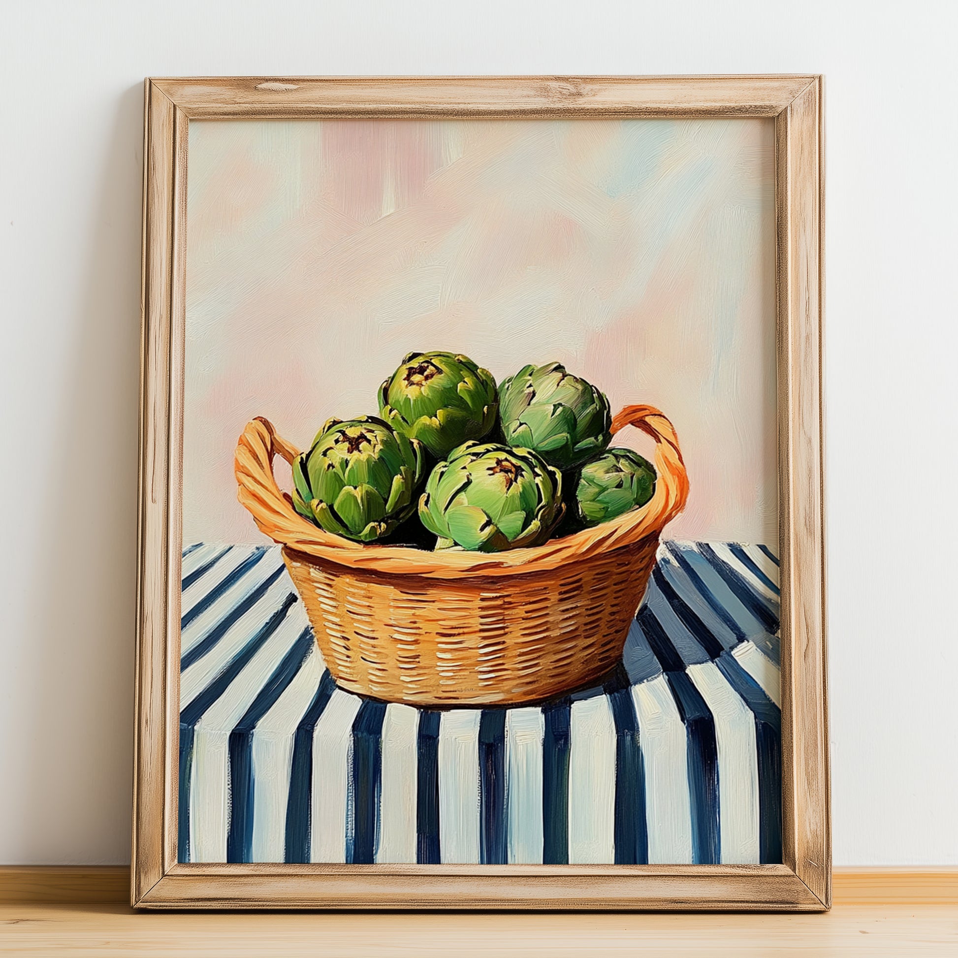 Artichoke – on Striped Tablecloth, Vegetable Still Life, no-text version framed in wood
