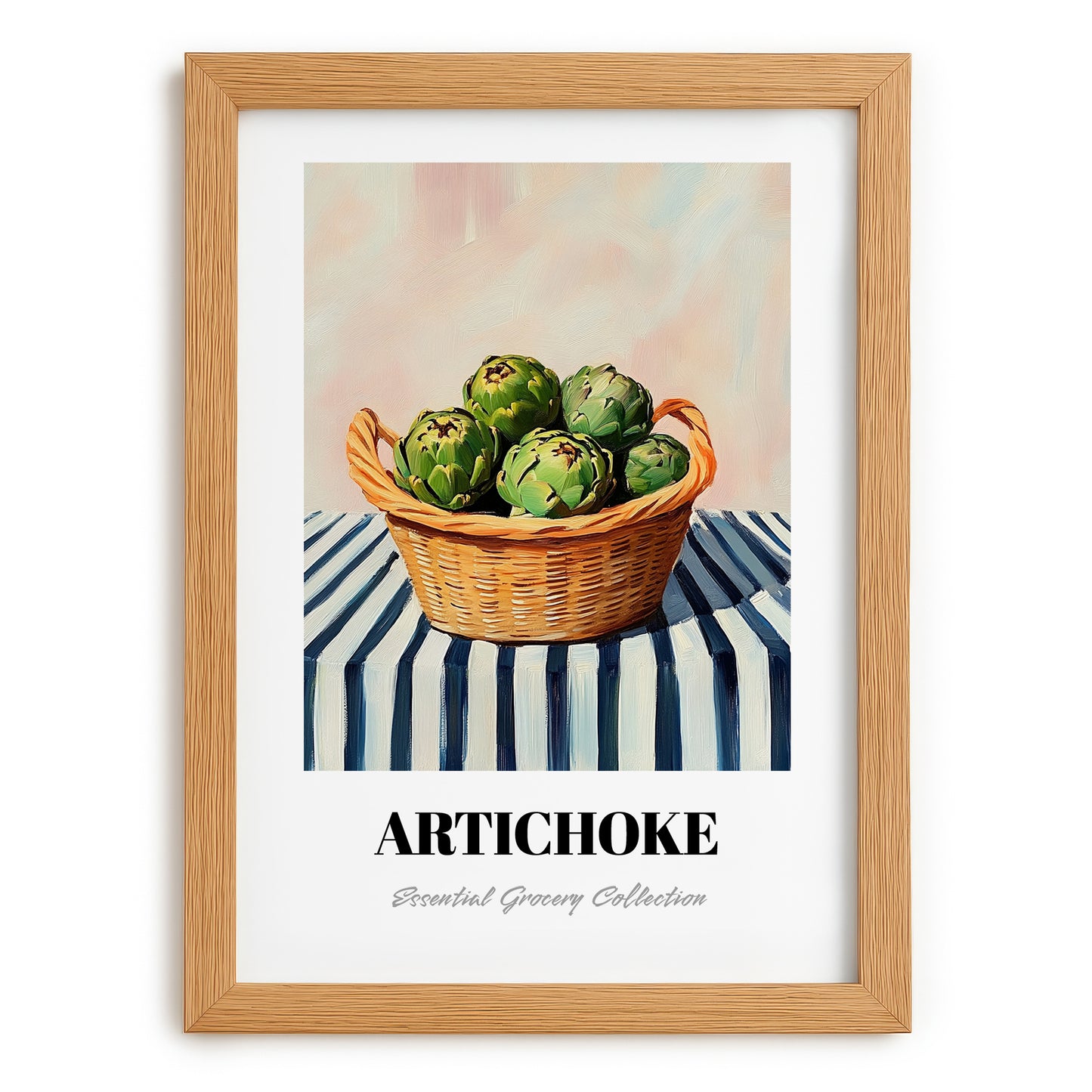 Artichoke – on Striped Tablecloth, Vegetable Still Life, set in oak frame