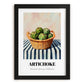 Artichoke – on Striped Tablecloth, Vegetable Still Life, in sleek black frame