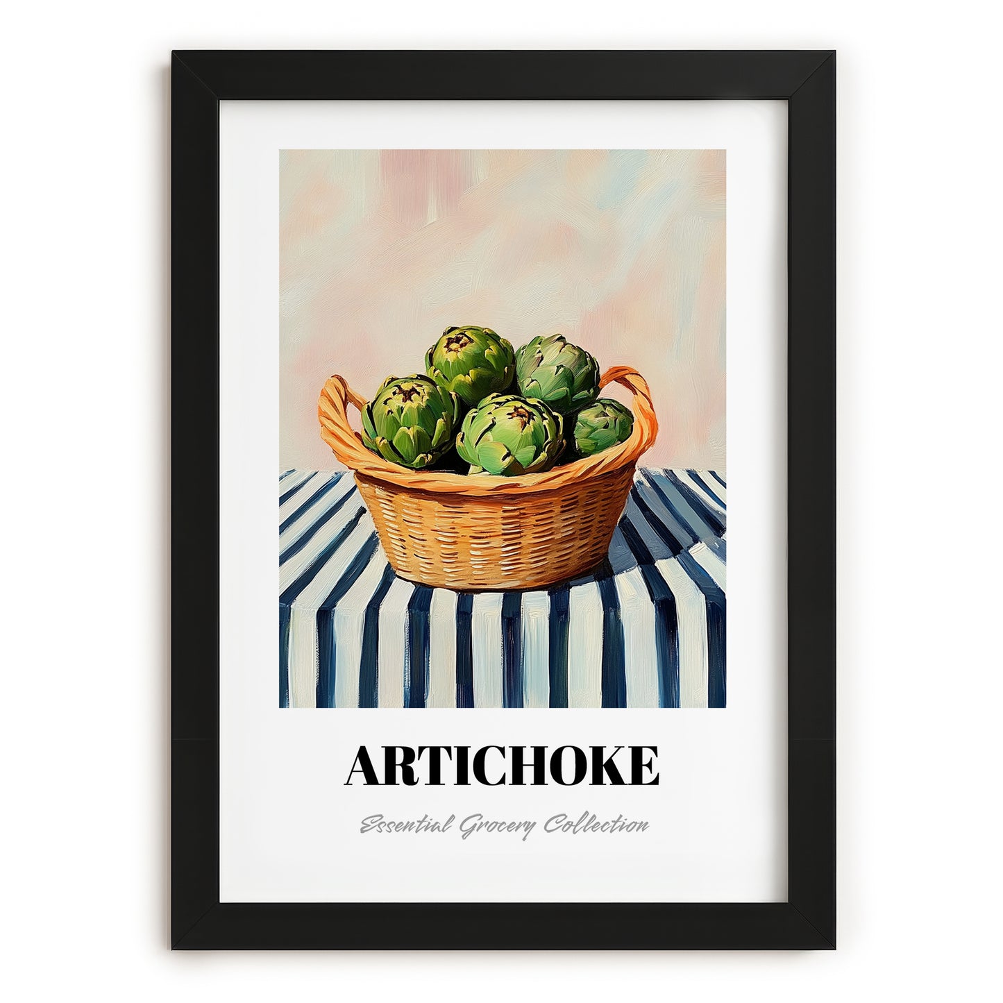 Artichoke – on Striped Tablecloth, Vegetable Still Life, in sleek black frame