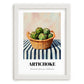 Artichoke – on Striped Tablecloth, Vegetable Still Life, placed in minimal white frame