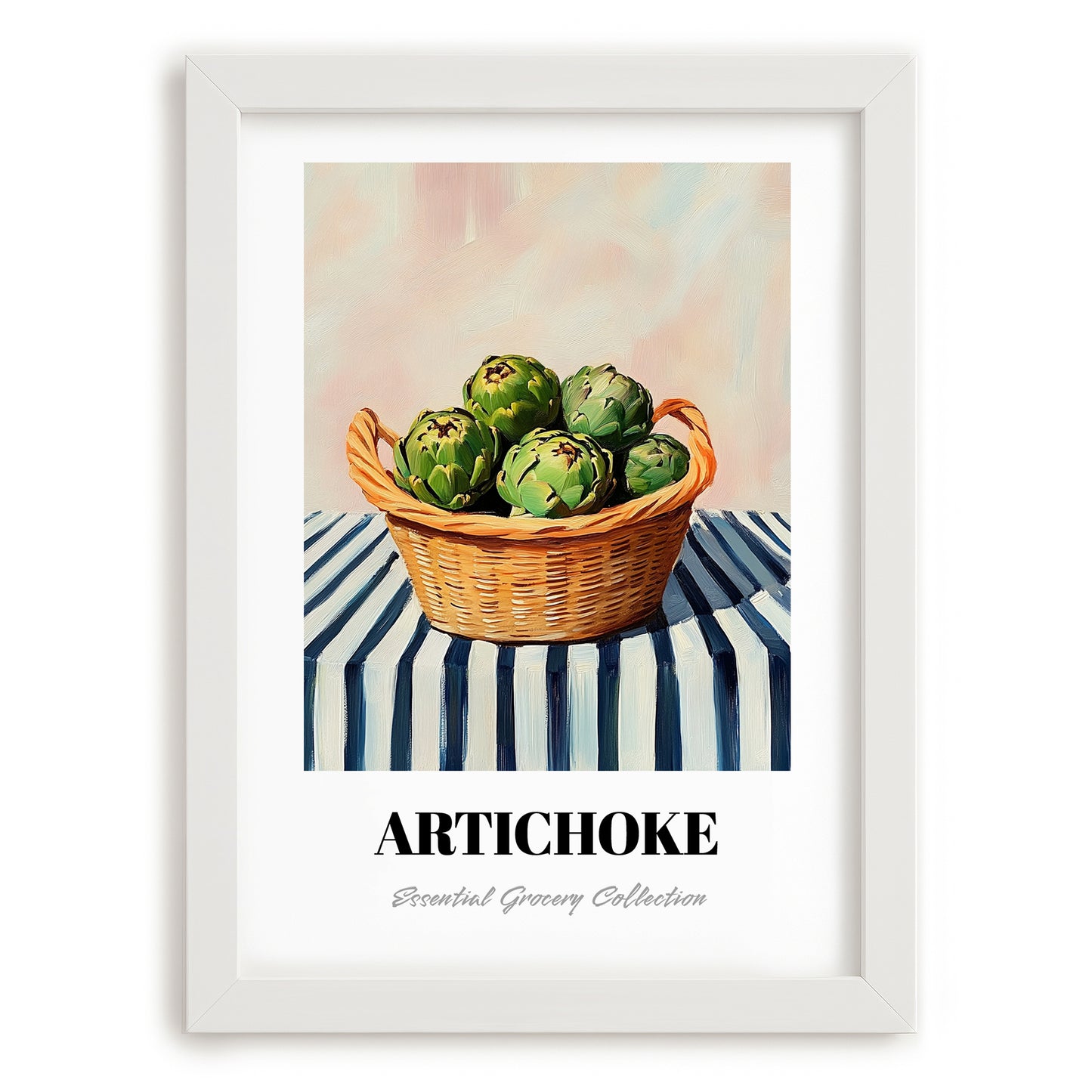 Artichoke – on Striped Tablecloth, Vegetable Still Life, placed in minimal white frame