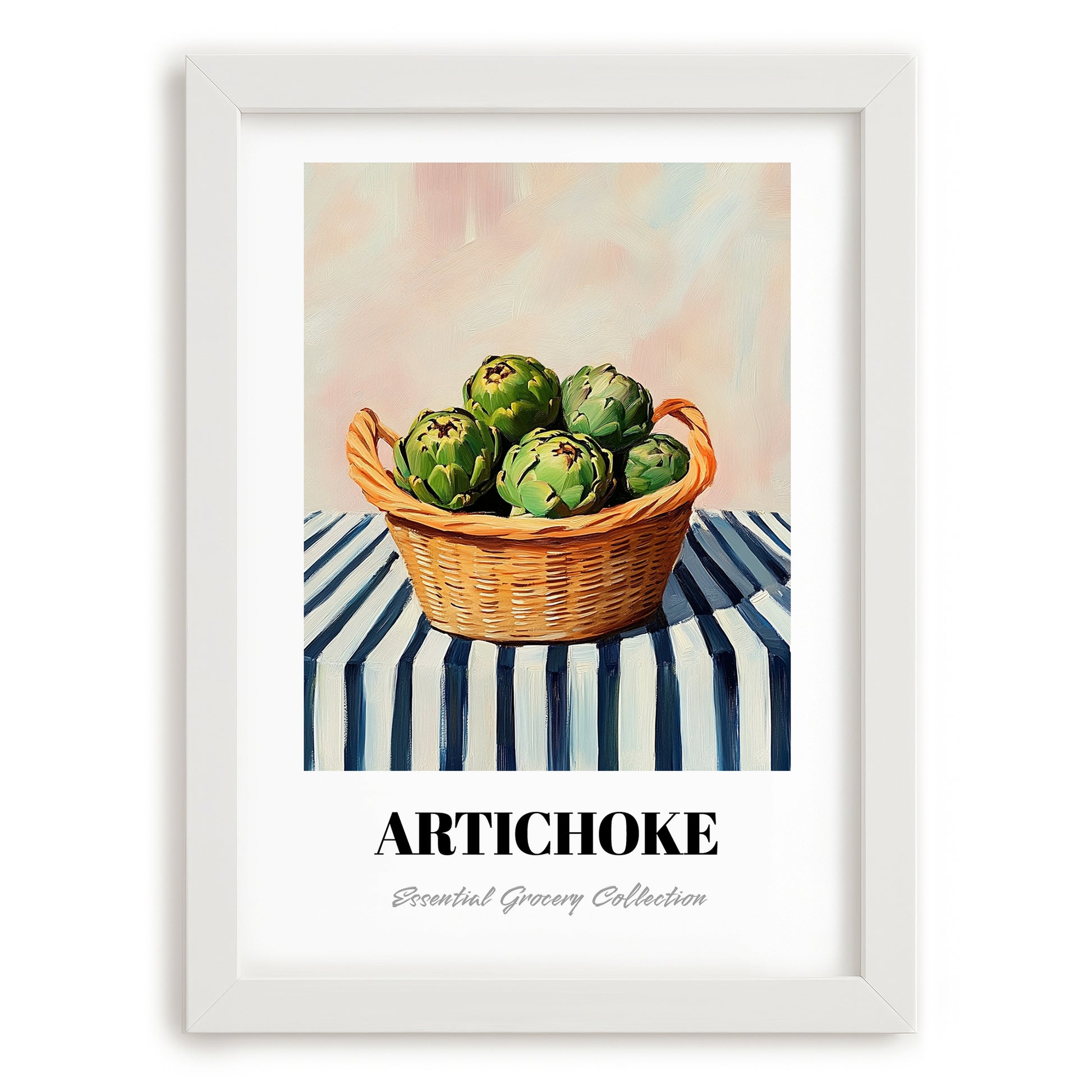 Artichoke – on Striped Tablecloth, Vegetable Still Life, placed in minimal white frame
