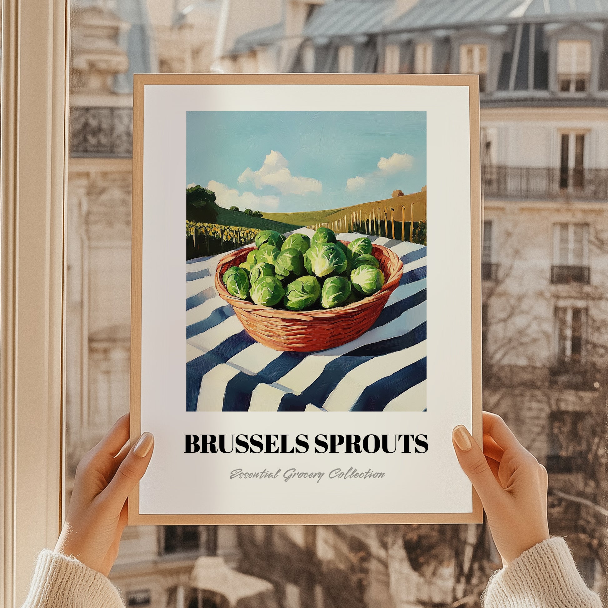 Brussels Sprouts – Green Valley Landscape, Vegetable Poster, styled in a charming Paris street view