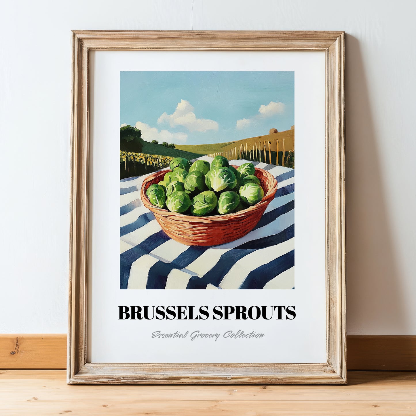 Brussels Sprouts – Green Valley Landscape, Vegetable Poster, in wooden frame leaning on the floor