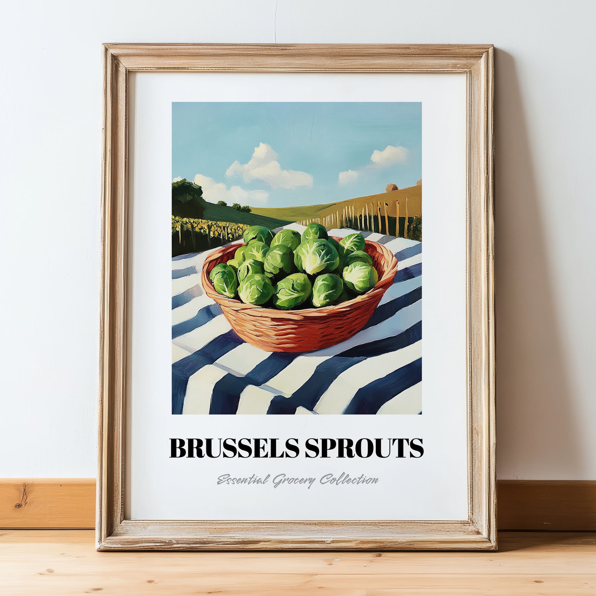 Brussels Sprouts – Green Valley Landscape, Vegetable Poster, in wooden frame leaning on the floor