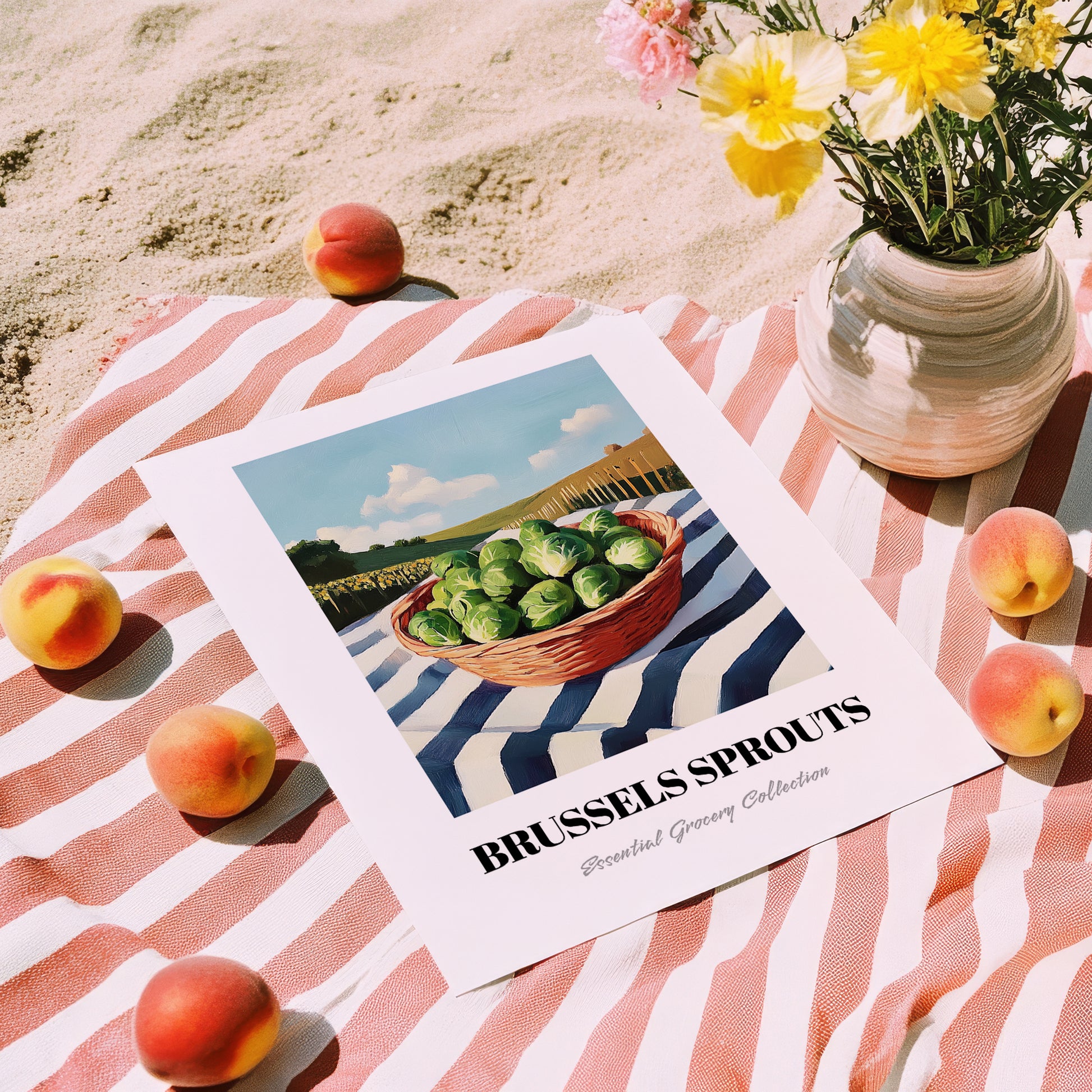 Brussels Sprouts – Green Valley Landscape, Vegetable Poster, unframed on coastal sand