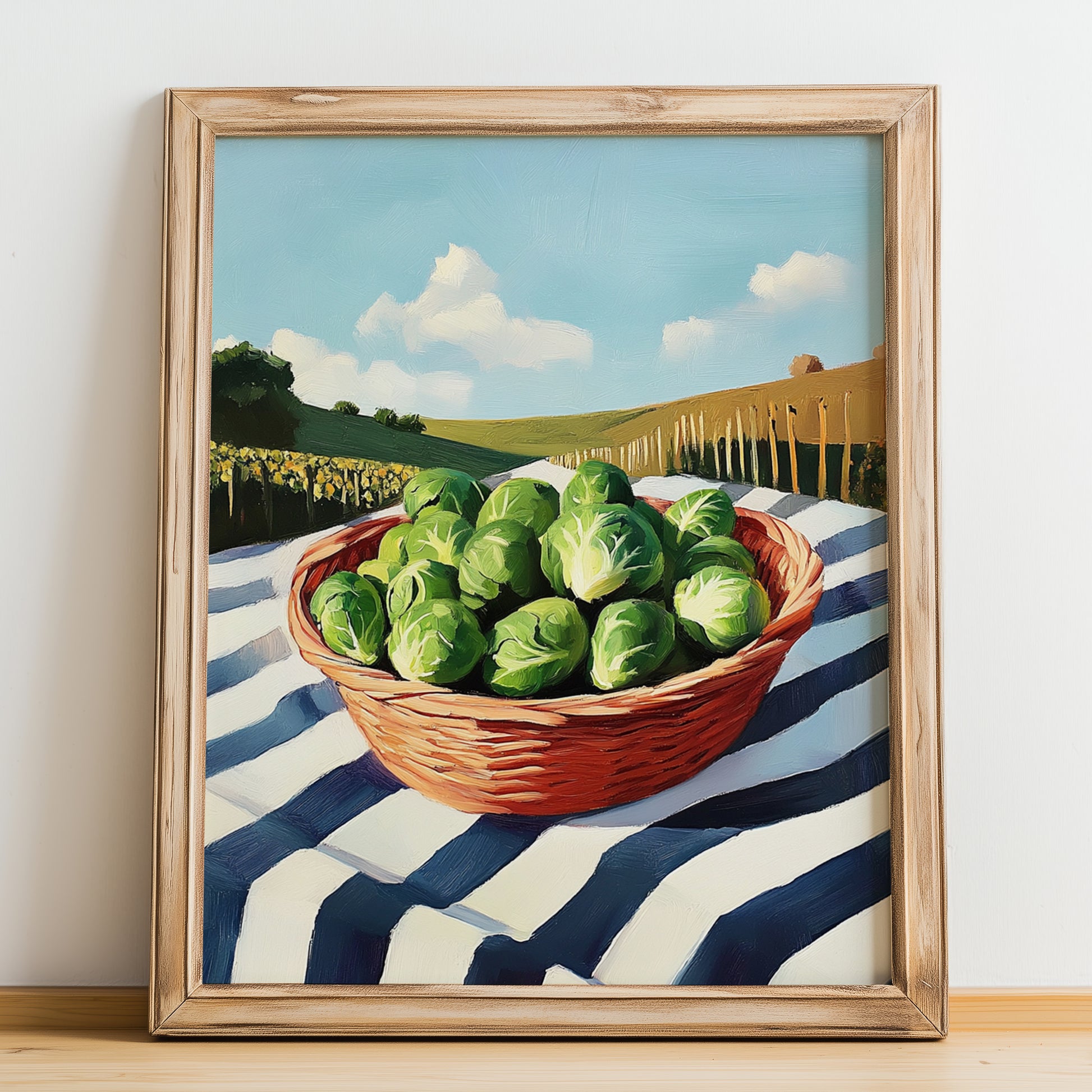 Brussels Sprouts – Green Valley Landscape, Vegetable Poster, no-text version framed in wood