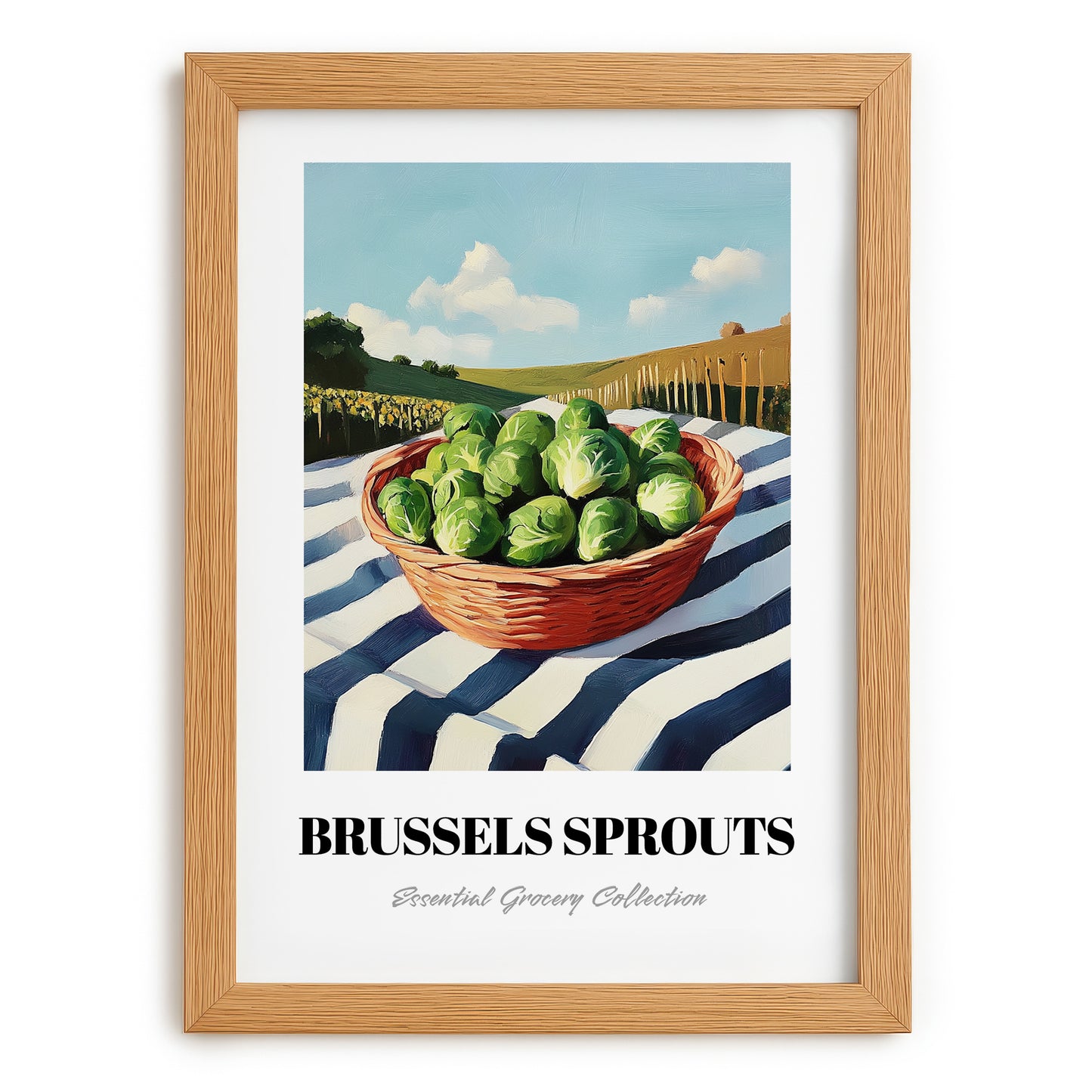 Brussels Sprouts – Green Valley Landscape, Vegetable Poster, set in oak frame