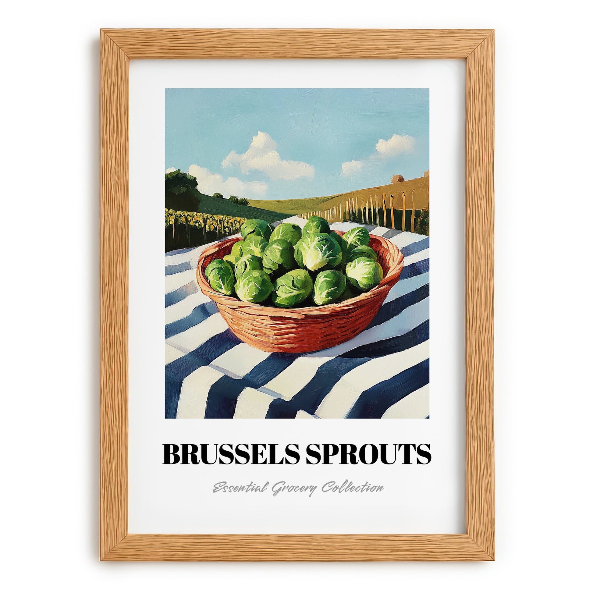 Brussels Sprouts – Green Valley Landscape, Vegetable Poster, set in oak frame
