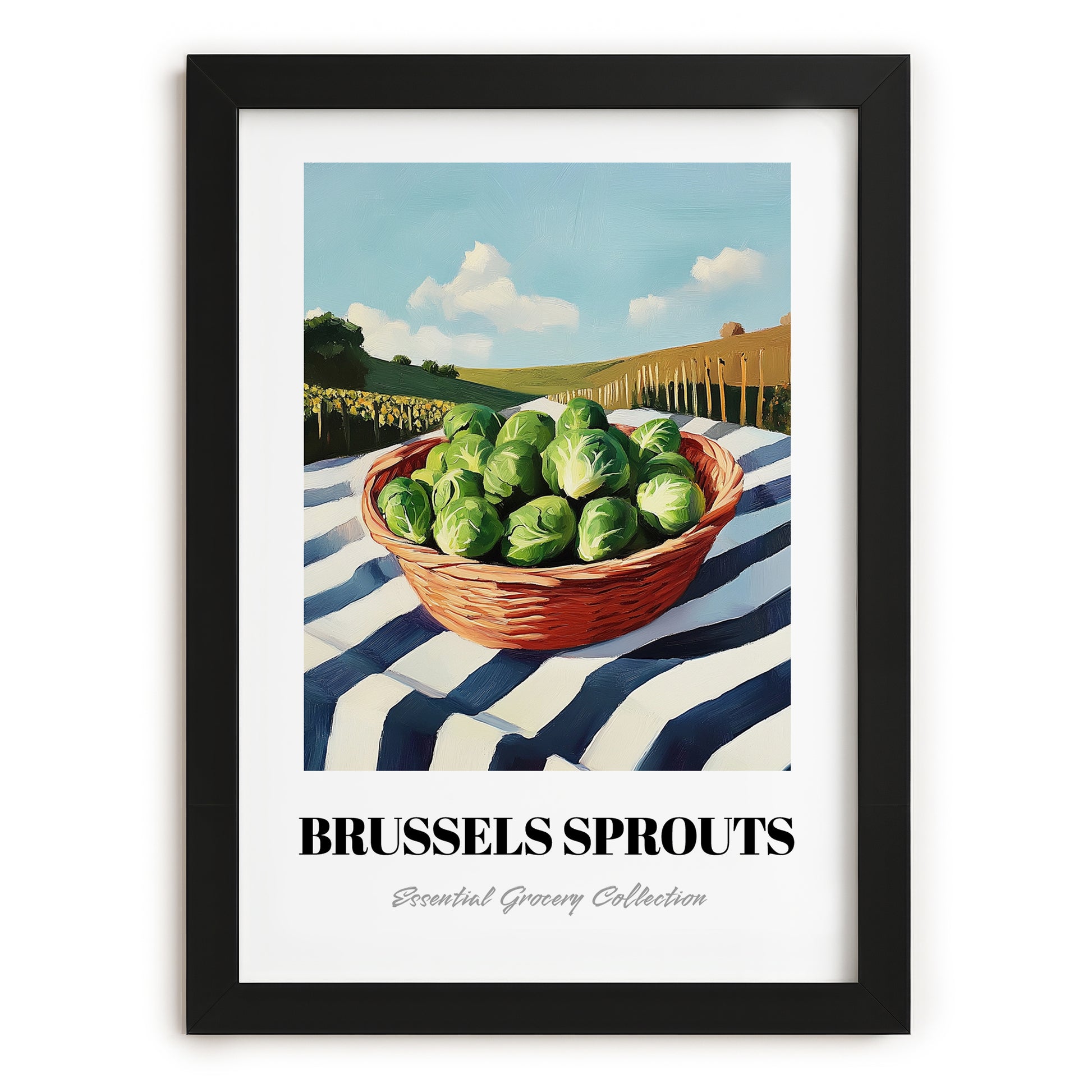 Brussels Sprouts – Green Valley Landscape, Vegetable Poster, in sleek black frame