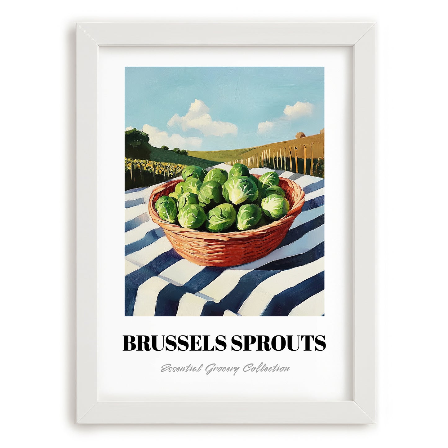 Brussels Sprouts – Green Valley Landscape, Vegetable Poster, placed in minimal white frame