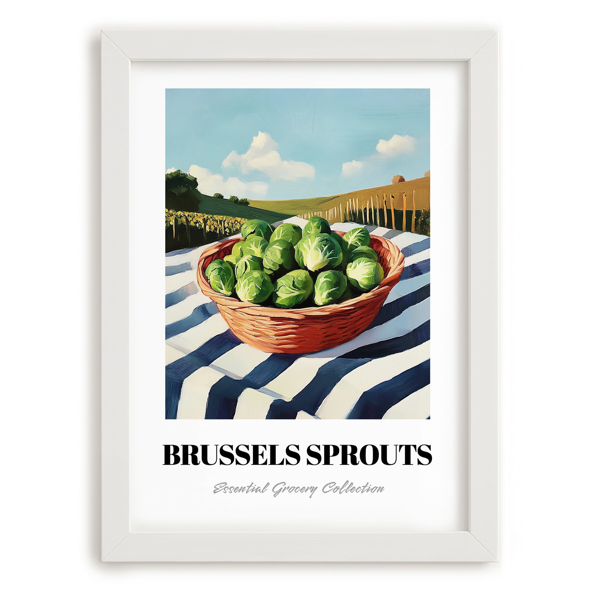 Brussels Sprouts – Green Valley Landscape, Vegetable Poster, placed in minimal white frame