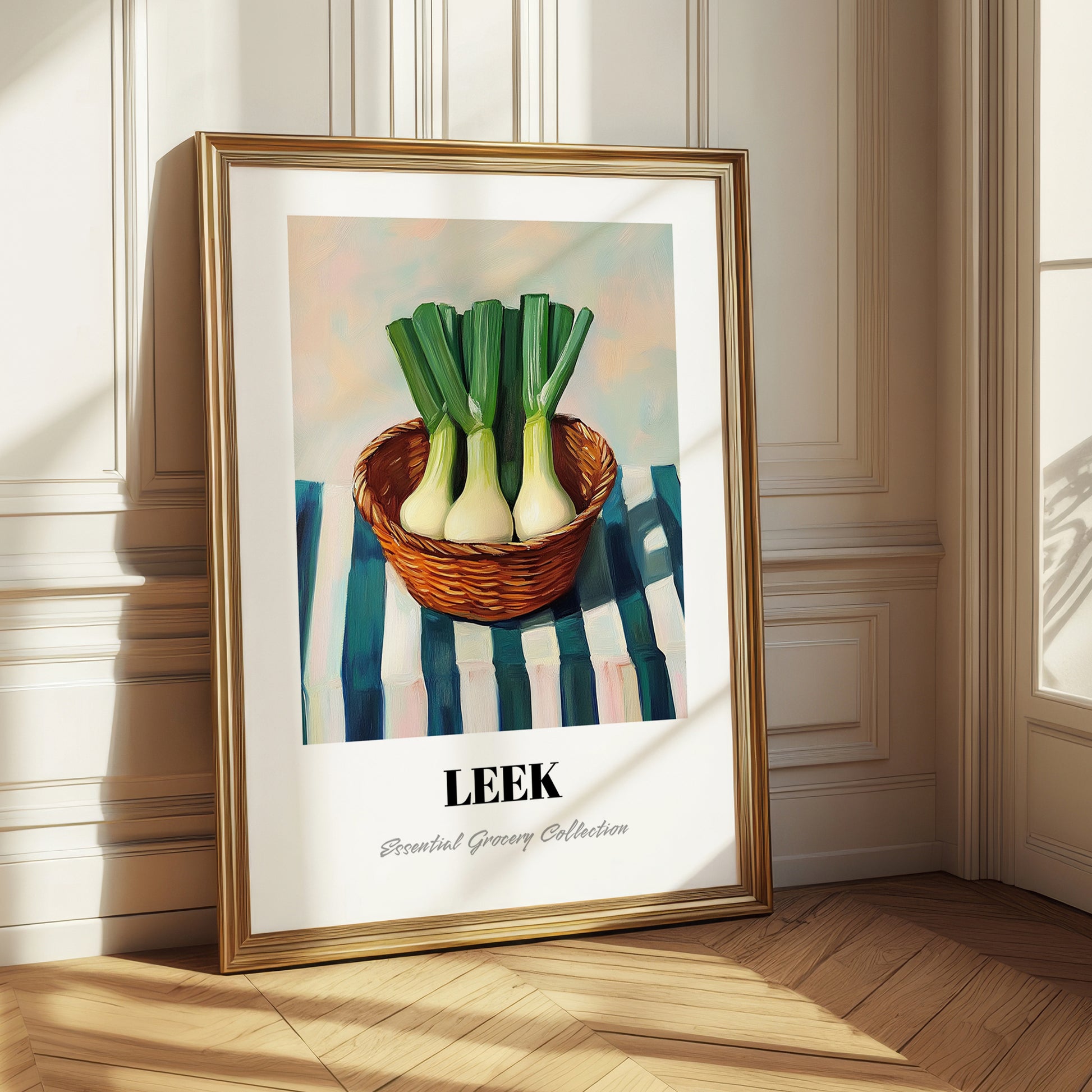 Leek – on Striped Tablecloth, Vegetable Illustration