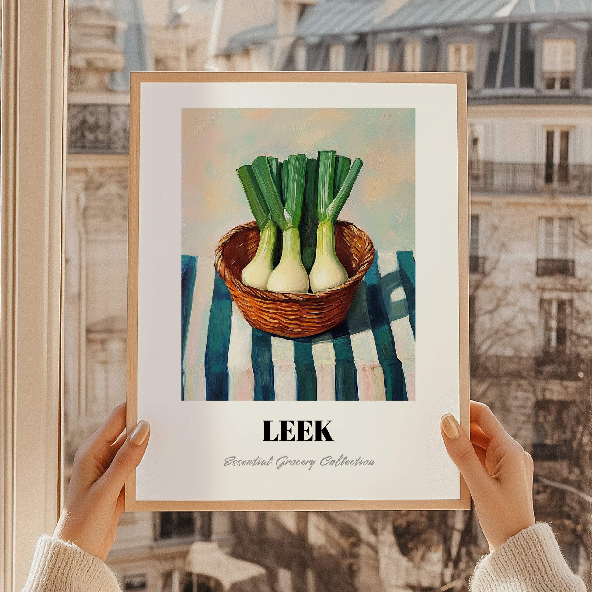 Leek – on Striped Tablecloth, Vegetable Illustration, styled in a charming Paris street view