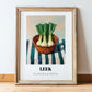 Leek – on Striped Tablecloth, Vegetable Illustration, in wooden frame leaning on the floor
