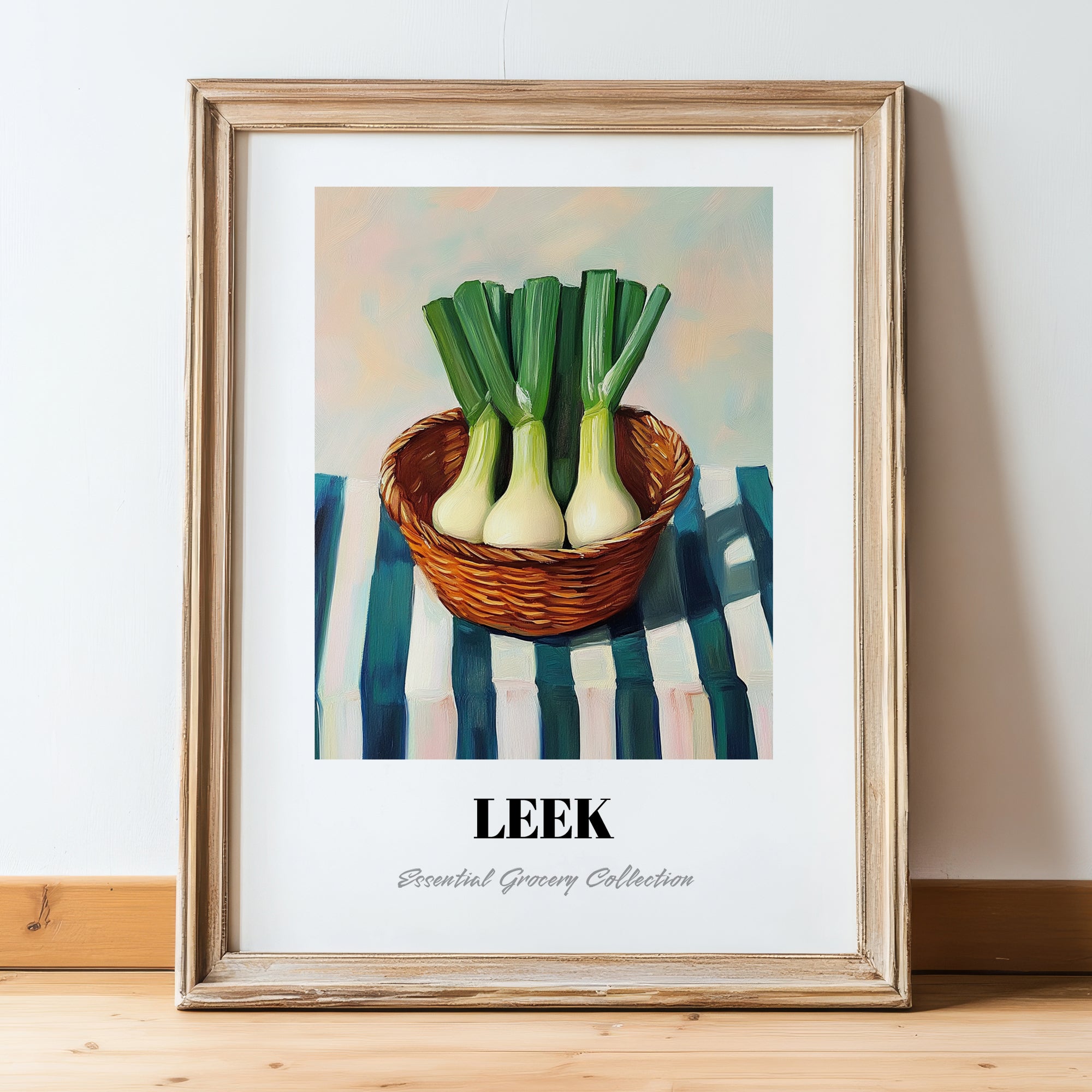 Leek – on Striped Tablecloth, Vegetable Illustration, in wooden frame leaning on the floor