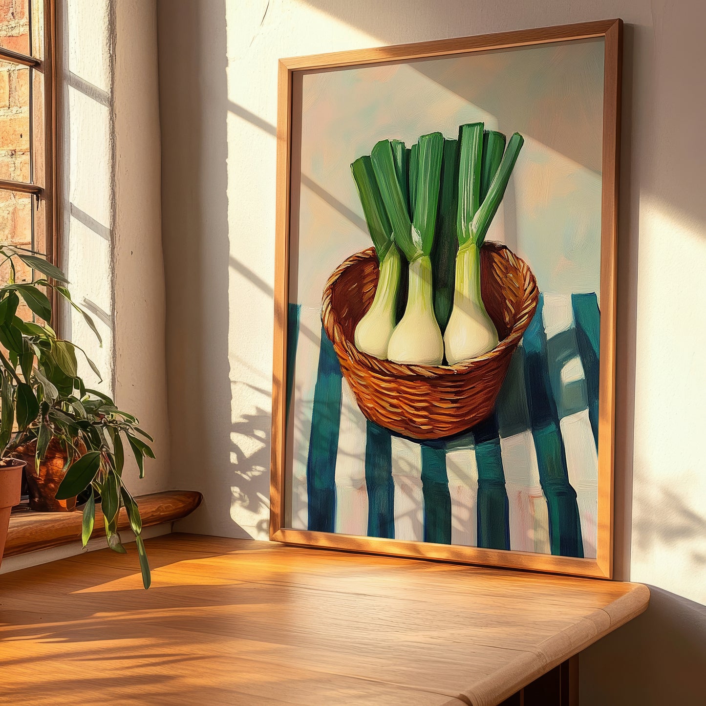 Leek – on Striped Tablecloth, Vegetable Illustration, clean layout with no caption