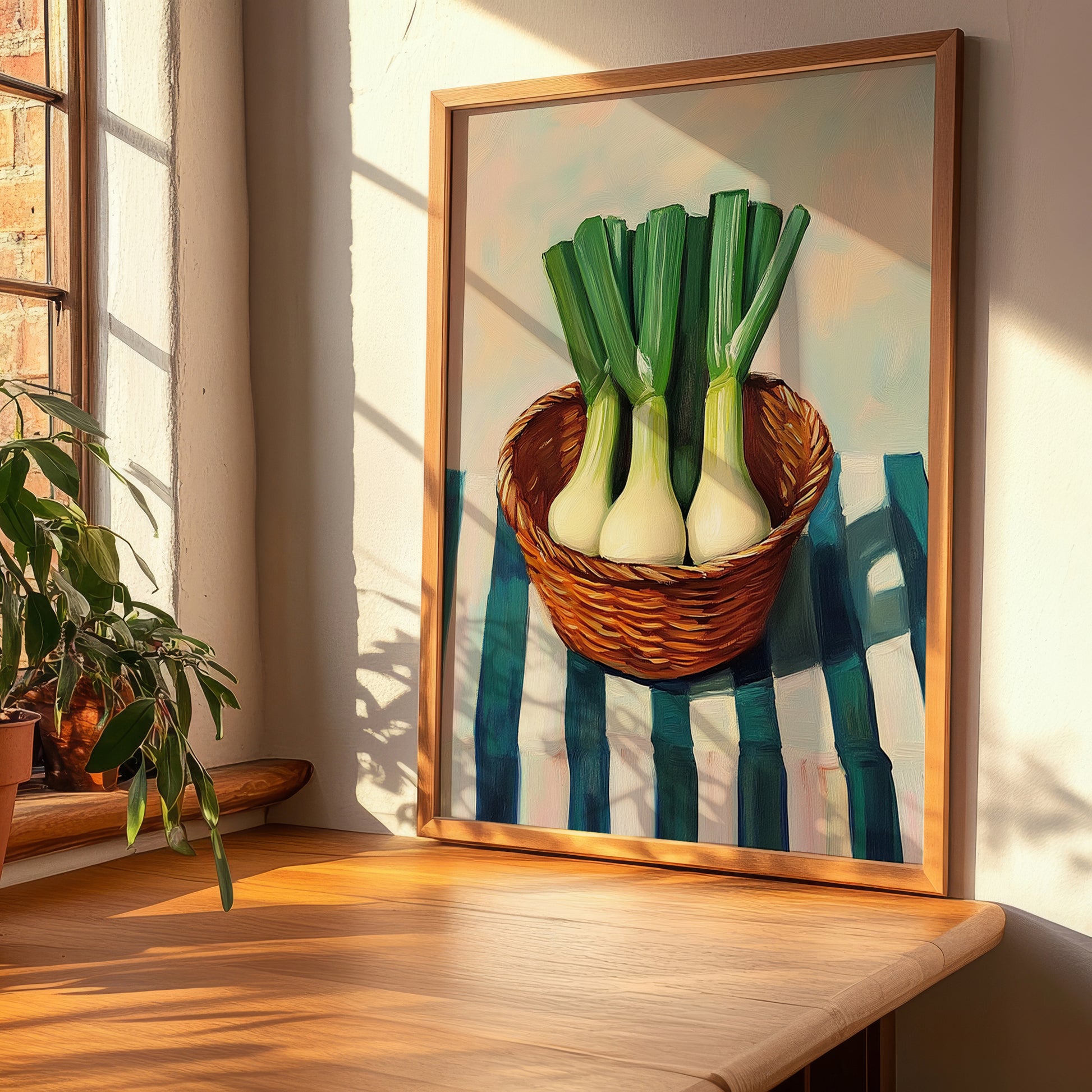 Leek – on Striped Tablecloth, Vegetable Illustration, clean layout with no caption