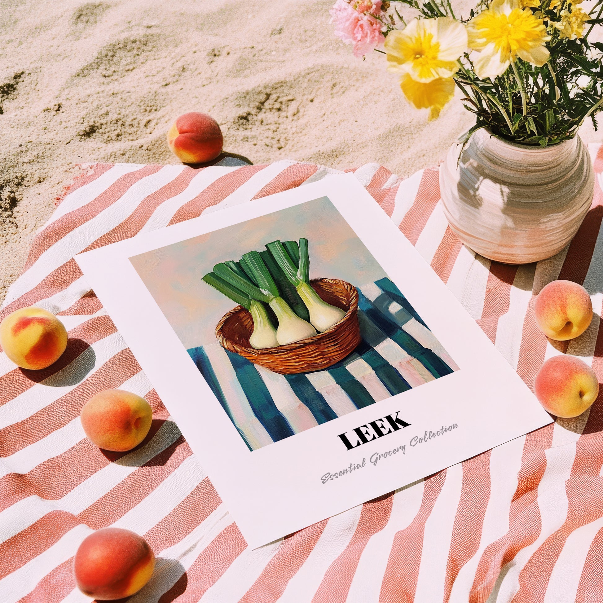 Leek – on Striped Tablecloth, Vegetable Illustration, unframed on coastal sand