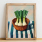Leek – on Striped Tablecloth, Vegetable Illustration, no-text version framed in wood