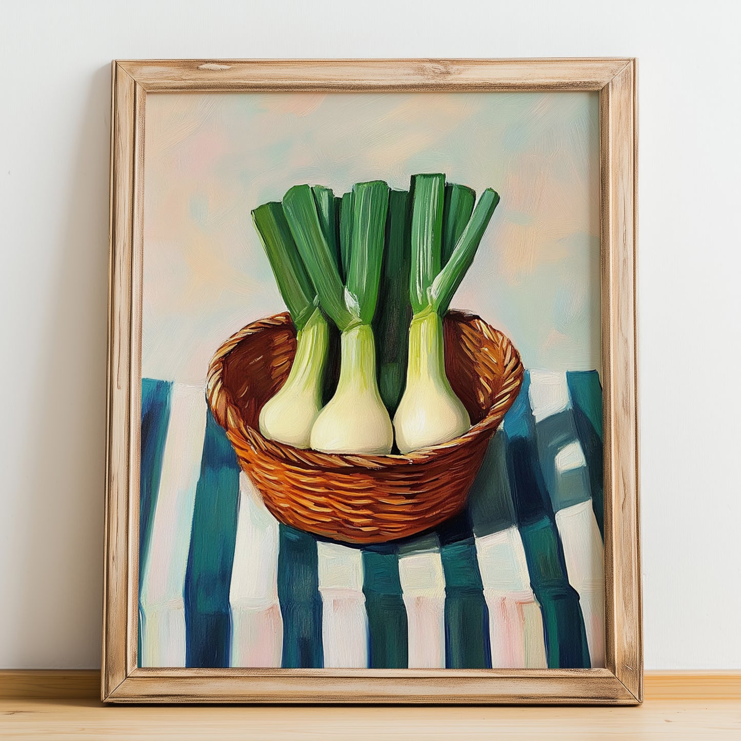 Leek – on Striped Tablecloth, Vegetable Illustration, no-text version framed in wood