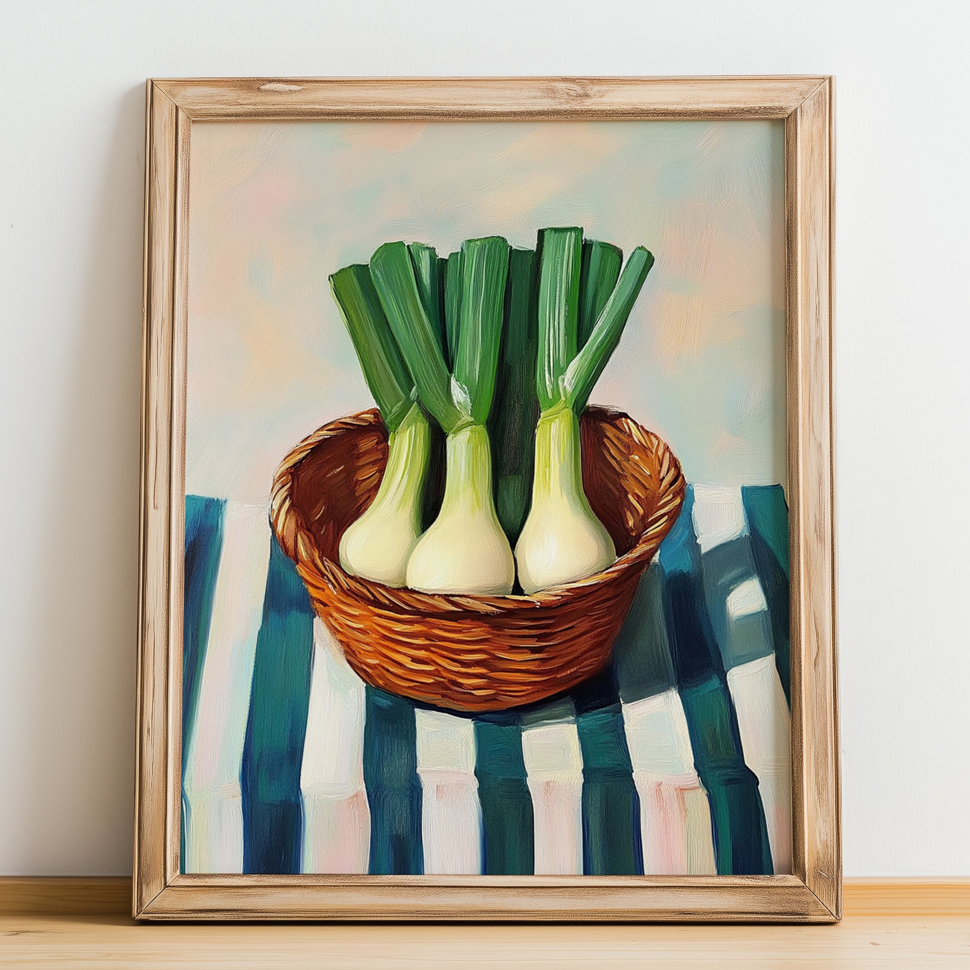 Leek – on Striped Tablecloth, Vegetable Illustration, no-text version framed in wood