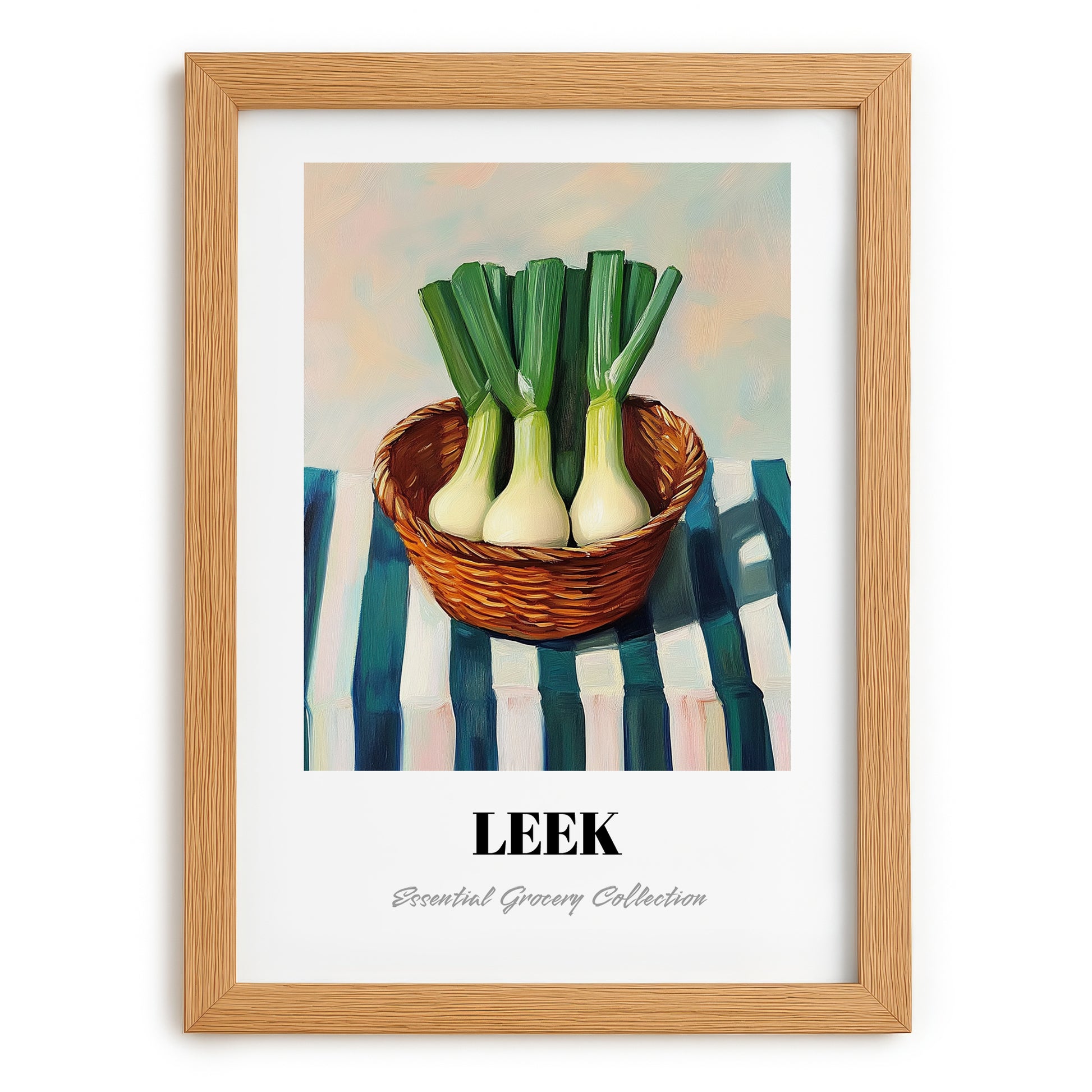 Leek – on Striped Tablecloth, Vegetable Illustration, set in oak frame
